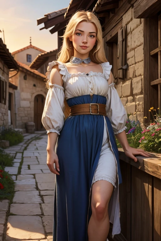 hyper-realistic,  cute ****** peasant girl ,  in a small European village , (18 years old), ( detailed face and eyes), (Sensual), pleasure,  small breasts, perfect adult body , full body portrait, Expressão de pleasure,   masterpiece , idyllic aura , MEDIEVAL ATMOSPHERE,  Cinematic lighting,  hair with honey details , little smile,  fine facial features , thin physique, ( depth of field), cinematic,Peasant woman wearing humble 15th century clothing, dirty clothes, worn by time, original clothing of the period 