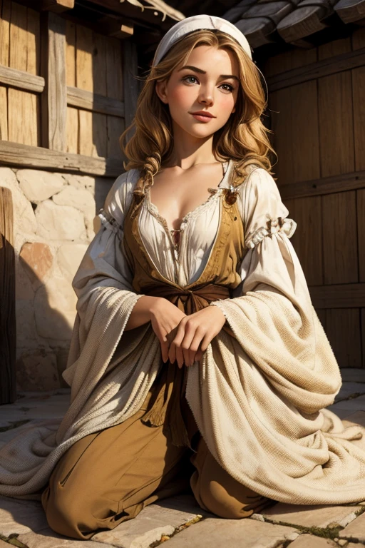 hyper-realistic,  cute  peasant girl ,  in a small European village , (18 years old), ( detailed face and eyes), (Sensual), pleasure,  small breasts, perfect adult body , full body portrait, Expressão de pleasure,   masterpiece , idyllic aura , MEDIEVAL ATMOSPHERE,  Cinematic lighting,  hair with honey details , little smile,  fine facial features , thin physique, ( depth of field), cinematic,Peasant woman wearing humble 15th century clothing, dirty clothes, worn by time, original clothing of the period 