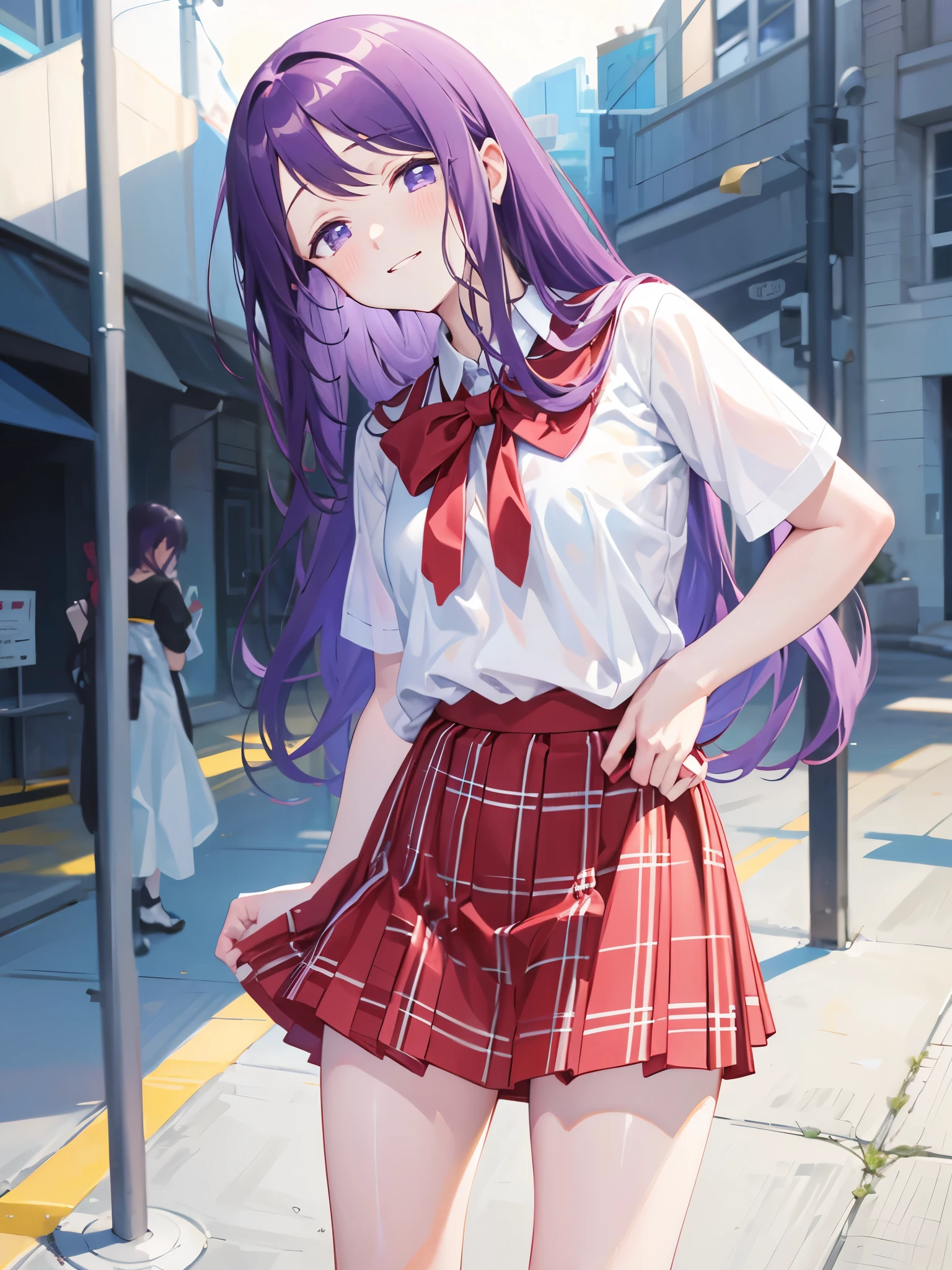 ８k、 random pose ，Light purple hair、 semi-long hair 、Smirk、 pale purple eyes 、Glamorous expression、Randomly colored bras are see-through、、 blushes 、 angle from below、school uniform, white collared-shirt, short sleeve, red big ribbon, green tartan plaid pleated skirt, mini skirt, A-line, long socks, shoes,、Randomly colored bras are see-through、、A hand of detail