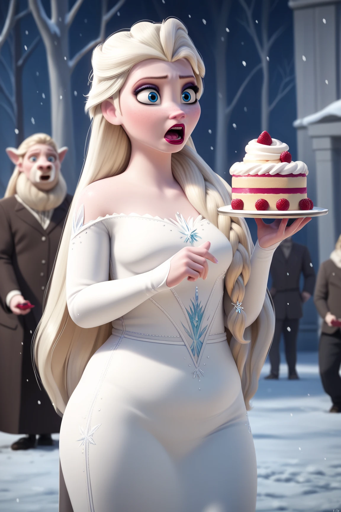 score_9, score_8_up, score_7_up, score_6_up, score_5_up, score_4_up, BREAK
1girl, Tall elsa \(frozen\), Tall, Prominent Neck,  gained some weight, chubby belly, blonde hair, hair over shoulder, long hair, blue eyes, long nose,
makeup, blue dress, Surfeit to eat, Surprised, focused eyes, red lips,
Holding a cake, long nose, snowing, Arendelle  background  