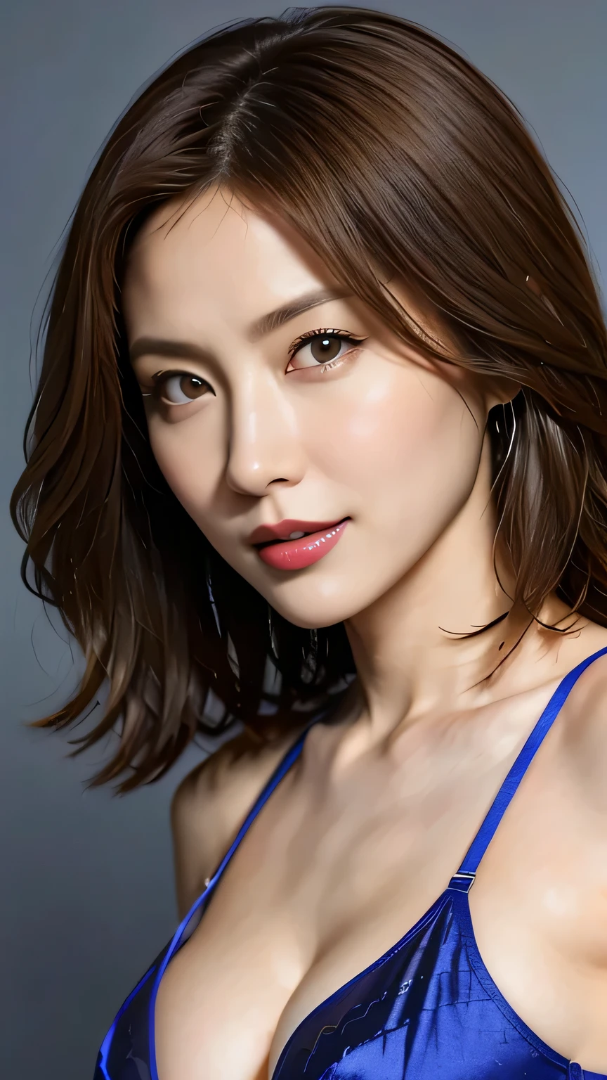  very detailed,  Masterpiece  ,  top quality,  photorealistic,  tall, thin, 40 year old mature, detailed face ,  beautiful eyes,Very sensual face,  sensual red thick lips , ( facing forward),  toned and beautiful body, ( saggy breasts)、 ( light brown hair:1.3、 tousled wavy medium hair:1.1、 asymmetry),  Emotionally Excited Conspicuous Nose ,Elegant and sophisticated、Bewitching Goddess、 waist to head 、((shiny sapphire blue bra))、dark wall background 、 fresh smile 、 from the side