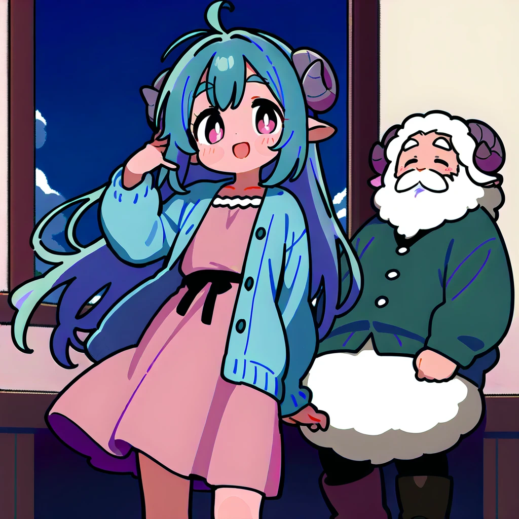 score_9, score_8_up, score_7_up, source_anime, (masterpiece:1.3, best quality:1.3, 8k,  highres icon:1.3, good anatomy), 1girl, white beard:1.5, Santa's Beard :1.5,  pink fluffy long hair\ Fluffy Long Hair, Sheep&#39;s round horns, Thick eyebrows, smile,  Pink Dress ,  sky blue cardigan ,  brown boots ,  cute BREAK Alphonse Mucha background:1.5