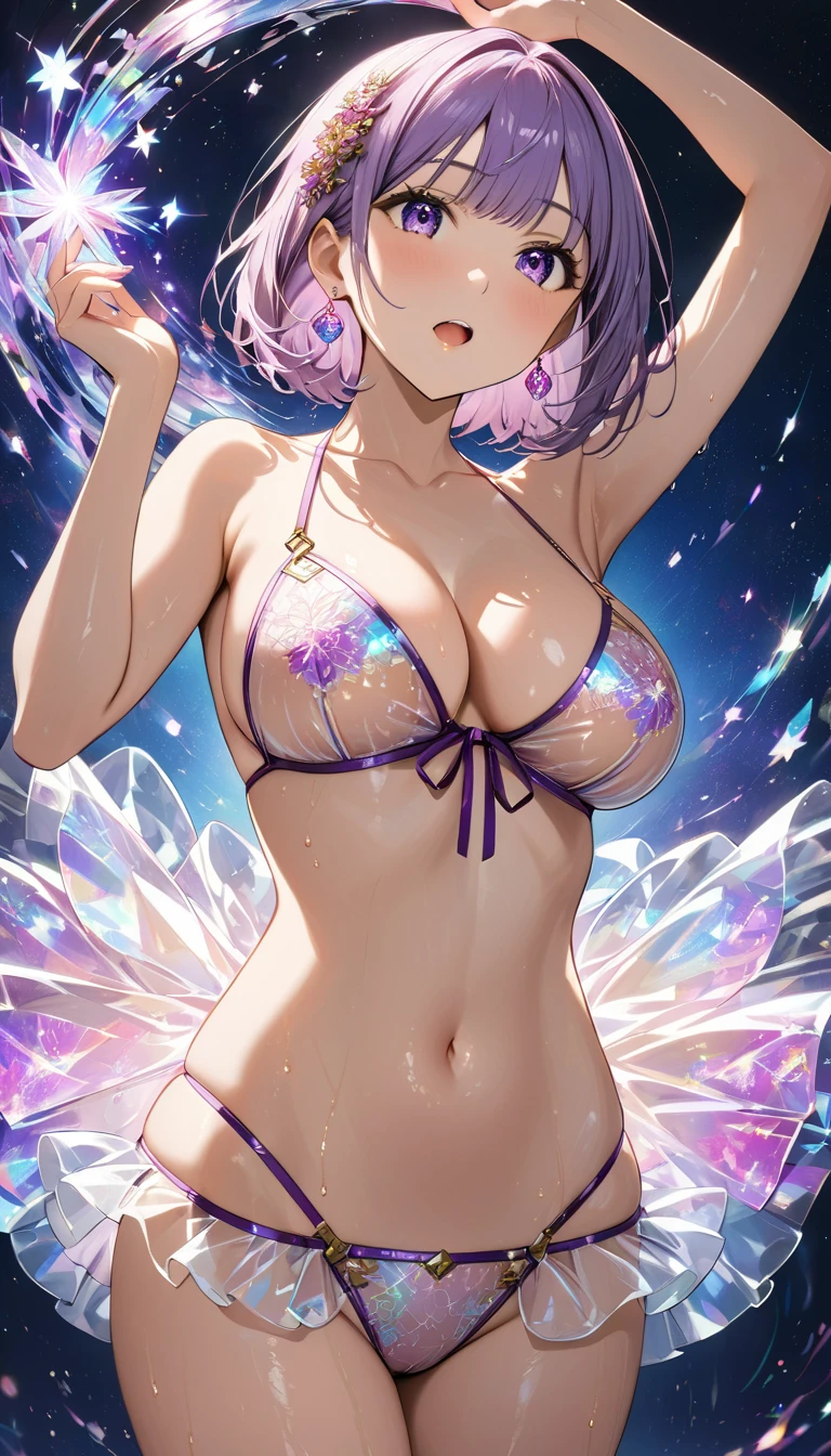  saliva、Climax Face、 Christmas holographic micro bikini、 short hair 、Steampunk. face、(( Big Breasts :1.3)))    gradient bright purple hair   、（  Composition from below the work  :1.6） ,   A woman with a nasty expression   ,  Soft white   , bob cut /OKAPPA/Bowl cut hair 、  faceを強調する構成.  、（  Heart pupil:1.3）、（  dynamic pose :1.7）、   、  Floral Hair Accessories  、 delicate depiction of big eyes   、  shiny hair texture、(  Premium Masterpiece :1.4), (  young woman , Age 19, Alone,  wet skin 、 クールな笑face,    open your mouth ,    perfect eyes:1.1), (   Aim carefully   ,    small round pink earrings  ,   transparent embroidered lingerie   .barefoot,  natural light, ( mature), Particles of light,      visible through the hair 