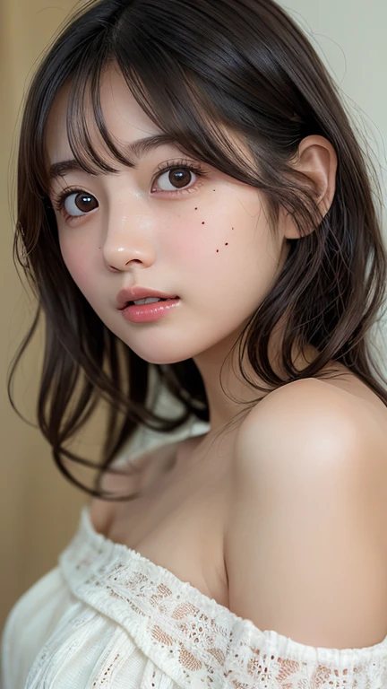 (Highest quality), (masterpiece), highly detailed, A naked Riho is lying on the bed, taking my penis in her wide open mouth and sucking it., I have oral sex with her, body, Eyes that are evenly shaped, Big eyes, Droopy eyes, A dreamy look, Seductive pose, She holds my penis between her breasts, she does shy smile, she is blushing, She has a full head of pubic hair, Beautiful mouth, get creampied, A simple background with just a sheet,