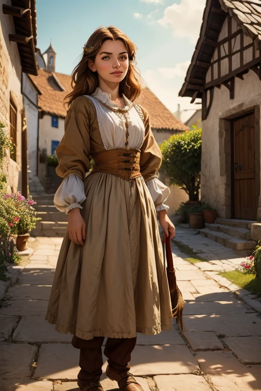 hyper-realistic,  cute  peasant girl ,  in a small European village , (18 years old), ( detailed face and eyes), (Sensual), pleasure,  small breasts, perfect adult body , full body portrait, Expressão de pleasure,   masterpiece , idyllic aura , MEDIEVAL ATMOSPHERE,  Cinematic lighting,  hair with honey details , little smile,  fine facial features , thin physique, ( depth of field), cinematic,Peasant woman wearing humble 15th century clothing, dirty clothes, worn by time, original clothing of the period 