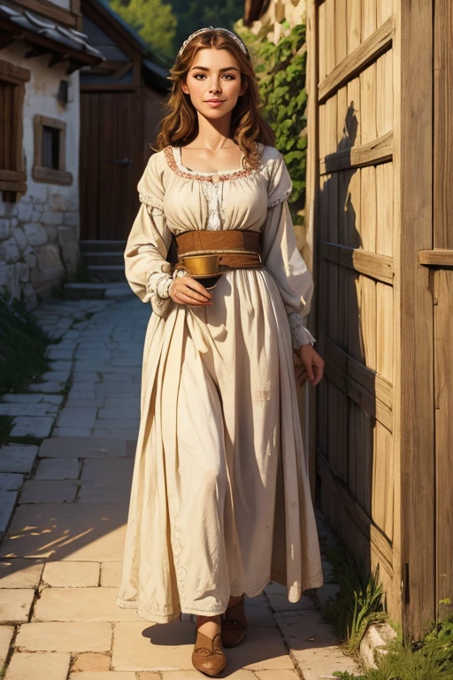 hyper-realistic,  cute ****** peasant girl ,  in a small European village , (18 years old), ( detailed face and eyes), (Sensual), pleasure,  small breasts, perfect adult body , full body portrait, Expressão de pleasure,   masterpiece , idyllic aura , MEDIEVAL ATMOSPHERE,  Cinematic lighting,  hair with honey details , little smile,  fine facial features , thin physique, ( depth of field), cinematic,Peasant woman wearing humble 15th century clothing, dirty clothes, worn by time, original clothing of the period 