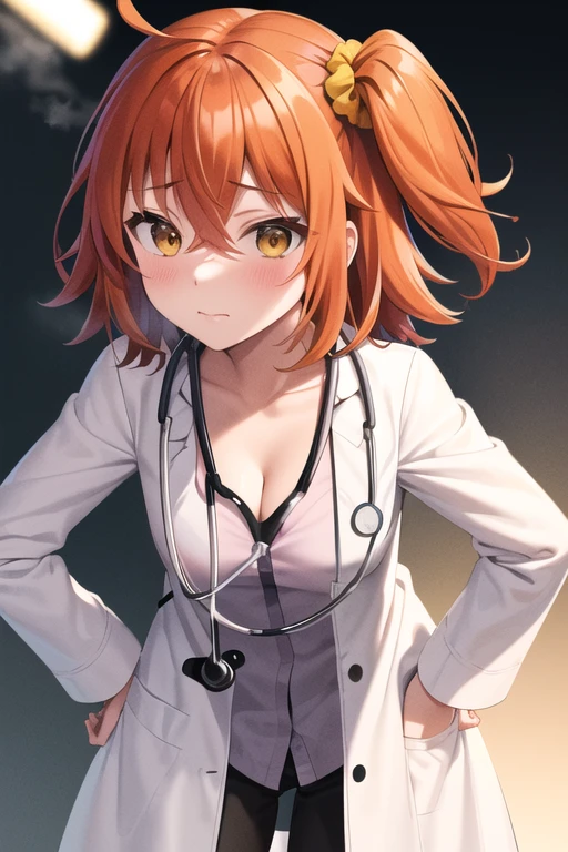 Fujimaru Ritsuka,short hair,orange hair,ahoge,((one side up:1.4)),hair between eyes,bangs,hair yellow scrunchie,yellow eyes,medium breasts,
((doctor,stethoscope,white longcoat,cleavage))
1girl,(is embarrassing,big blush,closed mouth,steam:1.0),
((leaning forward,hand on hip:1.2)),
(night hospital background:1.0),clothed