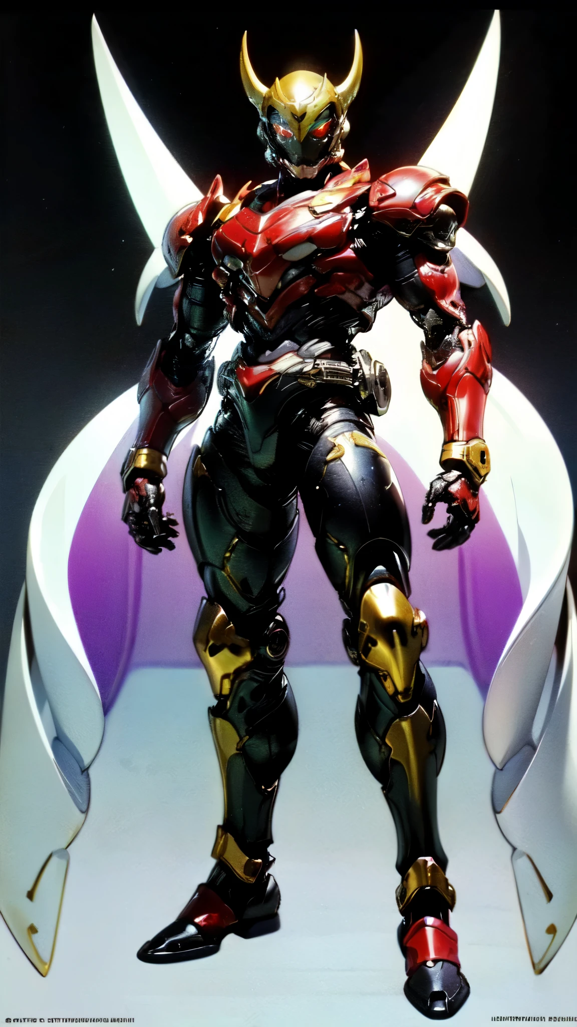 (masterpiece:1.5, best quality:1.5, extremely delicate:1.5), ((male:1.5)), a man wearing a full-face helmet, high-tech biomimetic armored combat suit, (a composite layered chest armor), the design balances heavy with agility, fully enclosed shoulder guards, matching arm and leg guards, a belt of gemstone, (the color scheme is primarily Yellow with Red and Purple accents, Organic Biotech, Concept Inspired by Vampire, glowing eyes, armor glows, huge cloak like devil wings, blood), stand of a futuristic sci-fi city, this character embodies a finely crafted fantasy-style armored hero in anime style, exquisite and mature art style, metallic, high definition, highres, ultra-detailed, ultra-fine painting, professional, perfect body proportions, golden ratio, anatomically correct, symmetrical face, extremely detailed eyes and face, high quality eyes, creativity, RAW photo, UHD, 32k, Natural light, cinematic lighting, (masterpiece-anatomy-perfect:1.2)