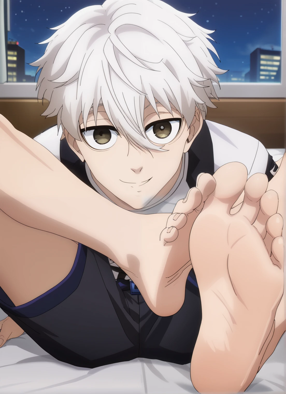 Score_9, score_8_up, source_anime, 1boy, Blue Lock, Nagi, big eyes, alone, looking at viewer, white hair, black shorts, white shirt, in his bedroom, night, from above, lying on the bed, lifting legs to show his soles, cowboy shot, ANIME SCREENCAP, anime coloring, barefoot, perfect feet, anatomically correct, soles, focal length 35mm, each foot has five toes, front, symmetrical soles, foot focus, smile