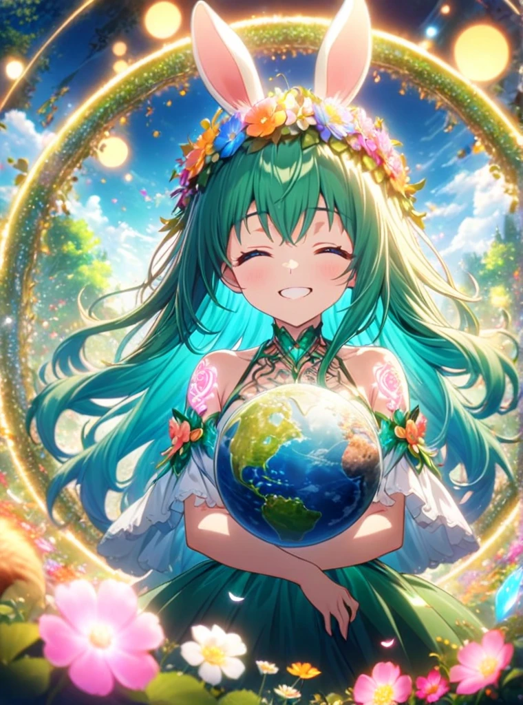 A bright and sunny open meadow surrounded by lush green trees, colorful blooming flowers, and a gently flowing stream under a clear blue sky. In the center, a cute anime-style girl with a warm and caring expression is holding a large globe in her arms, symbolizing gratitude for the Earth. She wears a flowing dress in shades of green and white, adorned with floral and leaf patterns, and a flower crown rests on her head. Small animals like rabbits, squirrels, and birds gather around her, creating a harmonious and heartwarming scene. The setting exudes peace, gratitude, and the beauty of nature. Render in 8K ultra-high resolution with vivid colors and intricate details in both the character and the surrounding natural landscape,


Masterpiece, highest quality, highly detailed CG Unity 8k wallpaper, anime screenshots, female anime character with neon chain. Art of a female anime character with a glowing neon flower tattoo and spiral chains all over her body. This scene with flowing hair has a nice soft focus effect, highlighting the magical glow of the tattoo. He is smiling with his eyes closed and his mouth open. Bokeh photography, (soft focus): 1.2, out of focus highlights, dreamy atmosphere, glowing circles, mesmerizing depth, depth of field