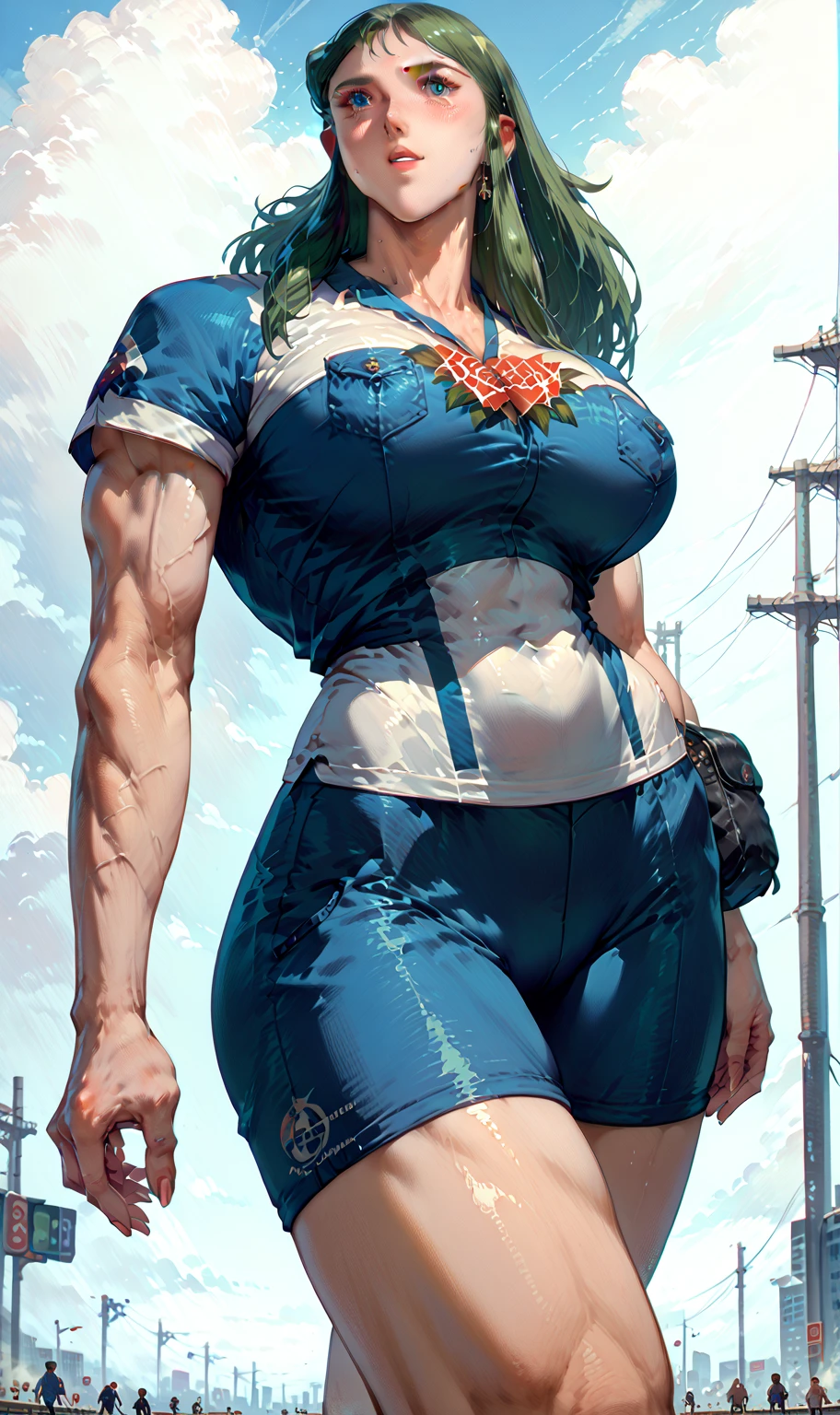 Woman takes experimental growth hormone and is transformed into a towering 70ft tall giantess with long sturdy limbs, chunky upper arms, strong glutes and trapezius muscles, and massive elongated breasts.