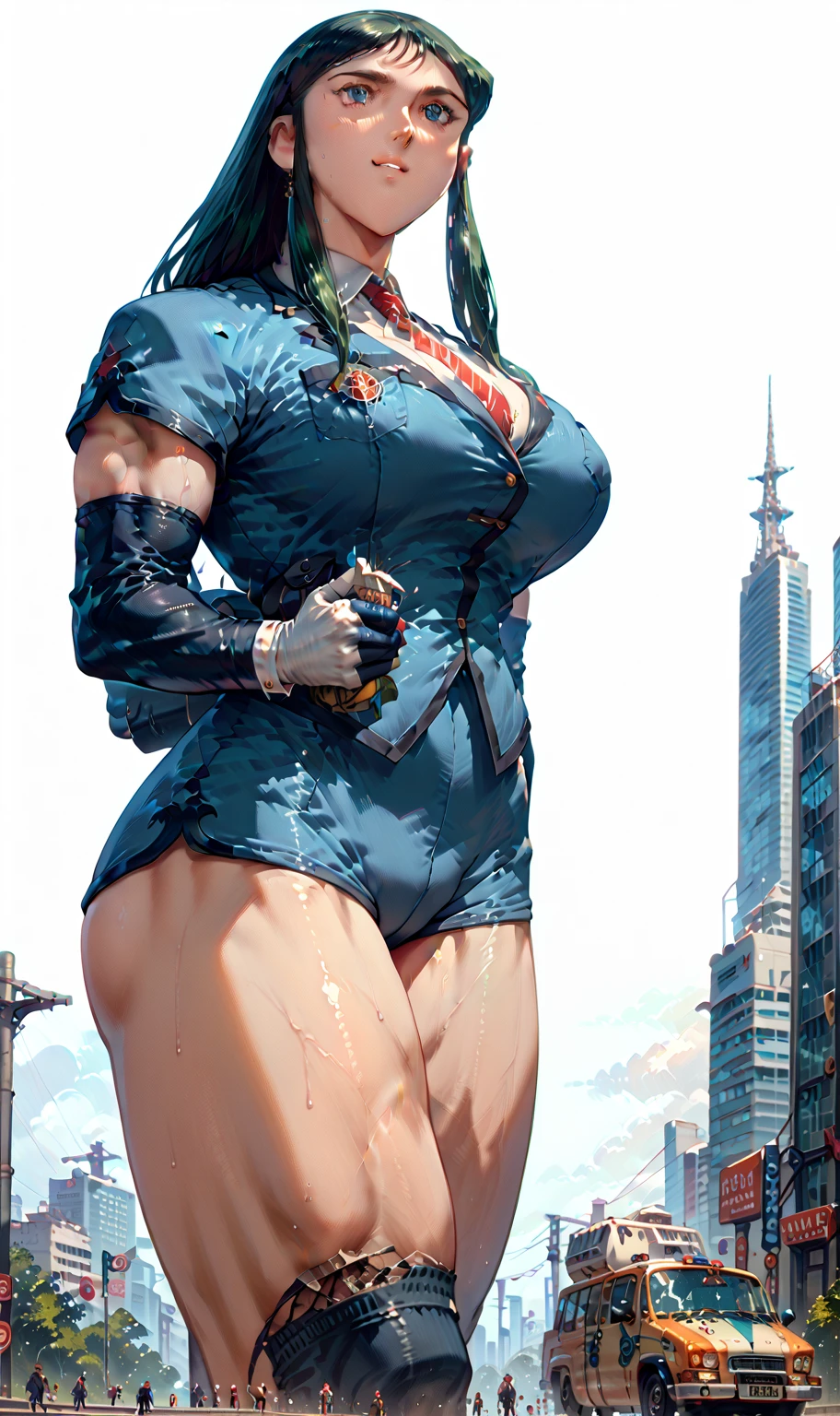 Woman takes experimental growth hormone and is transformed into a towering 70ft tall giantess with long sturdy limbs, chunky upper arms, strong glutes and trapezius muscles, and massive elongated breasts.