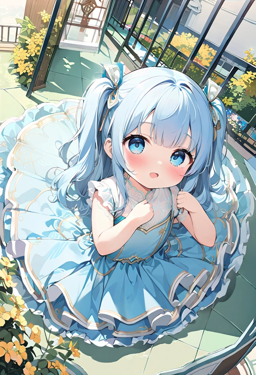 masterpiece, best quality, extremely detailed, (illustration, official art:1.1), 1 girl ,(((( light blue long hair)))), ,(((( light blue long hair)))),light blue hair, , long hair ((blush)) , cute face, big eyes, masterpiece, best quality,(((((a very delicate and beautiful girl))))),Amazing,beautiful detailed eyes,blunt bangs((((little delicate girl)))),tareme(true beautiful:1.2), sense of depth,dynamic angle,,,, affectionate smile, (true beautiful:1.2),,(tiny 1girl model:1.2),)(flat chest) ,1 idol,solo,ultra-detailed face,detailed eyes,blunt bangs,blue hair,two side up,Princess Dress,wariza,Patent high heels,looking at viewer,sleepy,open mouth,head tilt,rim light,outdoors flower garden,(osmanthus tree),(petals:1.3),1 Clock tower,From above,highly detailed illustration,masterpiece,8K,top quality,absurdly beautiful face,