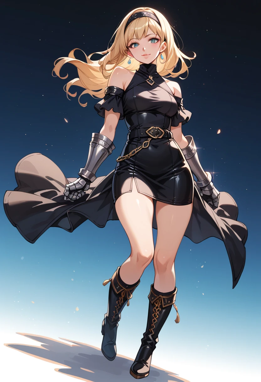 Metal Gauntlets, score_9, score_8_up, score_7_up, Anime Style, Full Body Shot, cute, seductive, innocent, light smile:0.3, plump lips, slender body, Thighs-length dress, headband, bare shoulder, black belt, long leather boots, fantasy, epic, leather boots, simple background, depth of field, fashion photography, sharp, hyperdetailed