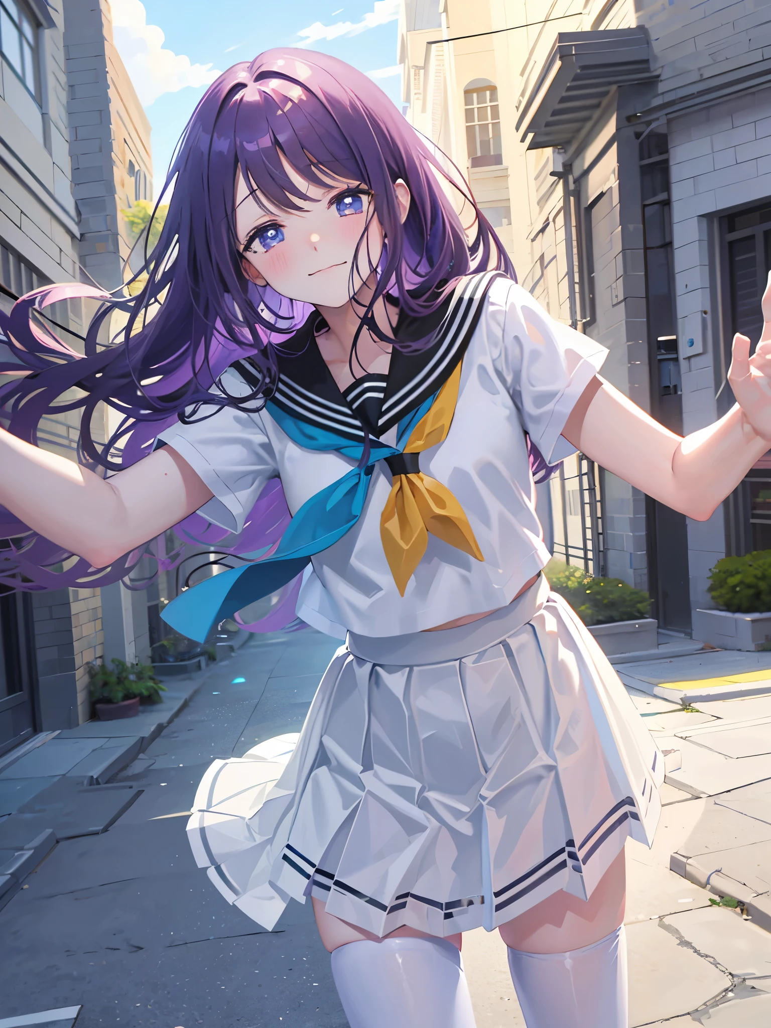 ８k、 leaning against a rocky mountain 、 random pose ，Light purple hair、 semi-long hair 、green and white plaid miniskirt、 pale purple eyes 、Smirk、school uniform,  serafuku, white tunic, cyan sailor collar, blue ribbon, folded short sleeves, cyan pleated skirt, mini skirt, A-line, dark pantyhose, loafers,Glamorous expression、、 blushes 、 angle from below、school uniform,  serafuku, white tunic, cyan sailor collar, blue ribbon, folded short sleeves, cyan pleated skirt, mini skirt, A-line, dark pantyhose, loafers,ランダムな色の leaning against a rocky mountain 、Underwear is transparent