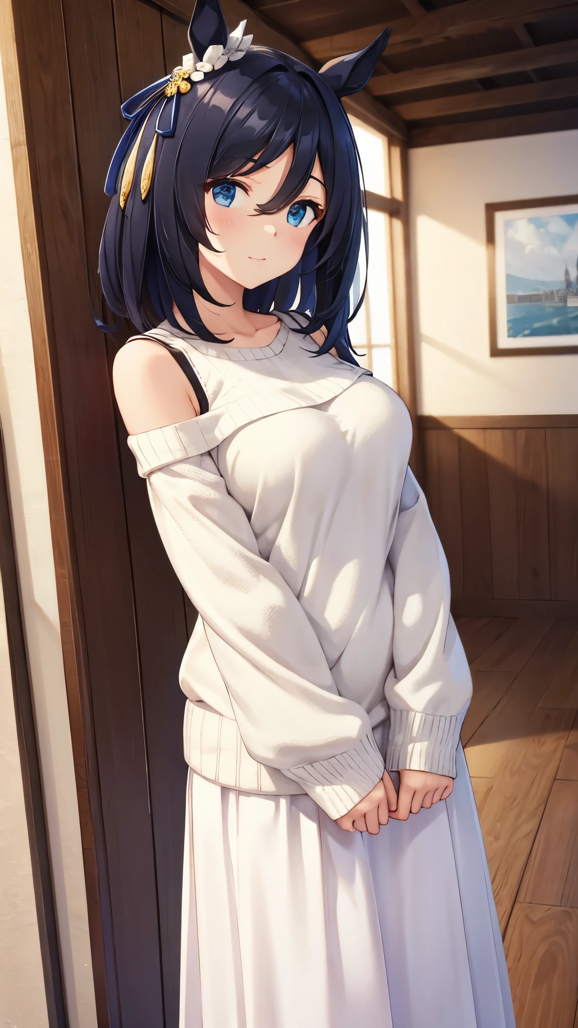 illustration style, masterpiece, high detail, 8k, clean lineart, cinematic, 
eishinflash\(umamusume\), 
off-shoulder sweater, white sweater, maxi skirt, 

(hair fully hides ears), mature face, 25 years old, medium breasts, natural pose, Venice