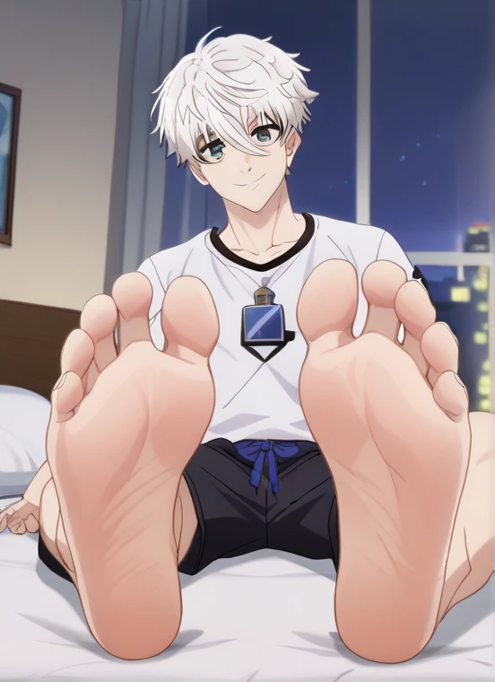 Score_9, score_8_up, source_anime, 1boy, Blue Lock, Nagi, big eyes, alone, looking at viewer, white hair, black shorts, white shirt, in his bedroom, night, lying on the bed, lifting legs to show his soles, cowboy shot, ANIME SCREENCAP, anime coloring, barefoot, perfect feet, anatomically correct, soles, focal length 35mm, each foot has five toes, front, symmetrical soles, foot focus, smile