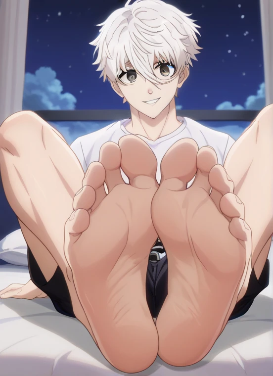 Score_9, score_8_up, source_anime, 1boy, Blue Lock, Nagi, big eyes, alone, looking at viewer, white hair, black shorts, white shirt, in his bedroom, night, sitting on the bed, lifting legs to show his soles, cowboy shot, ANIME SCREENCAP, anime coloring, barefoot, perfect feet, anatomically correct, soles, focal length 35mm, each foot has five toes, front, symmetrical soles, foot focus, smile