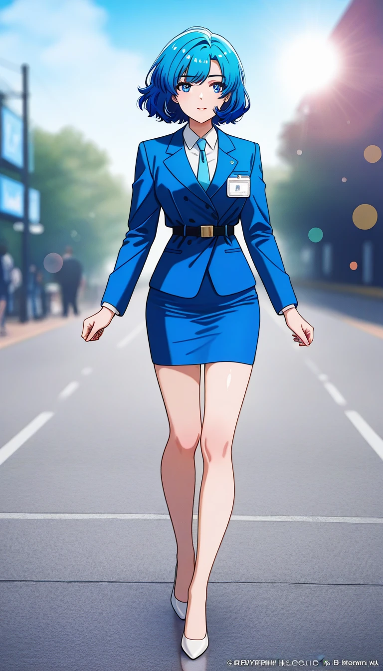 Shiraishi Momoko 、Blue Hair、 short haired 、黄colorの瞳、 full body style that reflects your whole body、Normal milk、 narrow waist 、Bare legs、 in a suit、 blue jacket , collared shirt 、 white shirt、 blue tie,belt, blue mini pencil skirt, black tights、White pumps、 official art, Extremely Detailed CG Unity 8K Wallpaper , Full Photo, colorful , bright _ Front_face_光ing,  shiny skin, ( masterpiece:1.0),(Highest_quality:1.0), 超 high definition ,4K, super detailed,  photoshoot, 8k,  high definition ,  high definition ,  absurd :1.2,  Kodak Portra 400,  Film Grain ,  blurry background, Bokeh:1.2,  lens flare,( vibrant_ color:1.2),Professional photography,Anime Images、