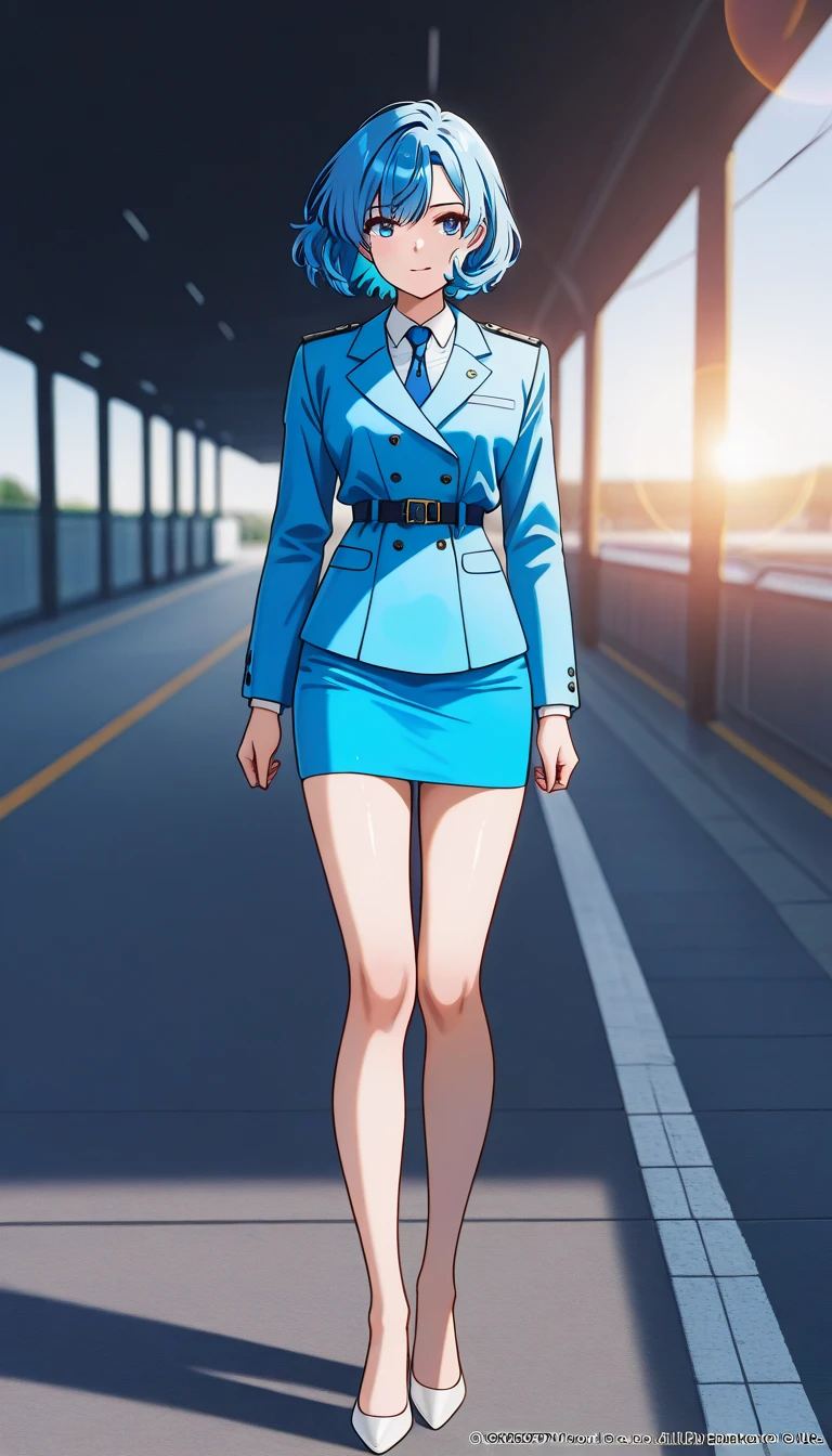 Shiraishi Momoko 、Blue Hair、 short haired 、黄colorの瞳、 full body style that reflects your whole body、Normal milk、 narrow waist 、Bare legs、 in a suit、 blue jacket , collared shirt 、 white shirt、 blue tie,belt, blue mini pencil skirt, black tights、White pumps、 official art, Extremely Detailed CG Unity 8K Wallpaper , Full Photo, colorful , bright _ Front_face_光ing,  shiny skin, ( masterpiece:1.0),(Highest_quality:1.0), 超 high definition ,4K, super detailed,  photoshoot, 8k,  high definition ,  high definition ,  absurd :1.2,  Kodak Portra 400,  Film Grain ,  blurry background, Bokeh:1.2,  lens flare,( vibrant_ color:1.2),Professional photography,Anime Images、