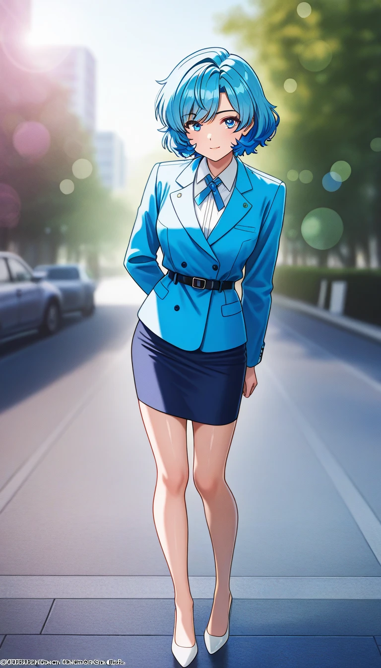 Shiraishi Momoko 、Blue Hair、 short haired 、黄colorの瞳、 full body style that reflects your whole body、Normal milk、 narrow waist 、Bare legs、 in a suit、 blue jacket , collared shirt 、 white shirt、 blue tie,belt, blue mini pencil skirt, black tights、White pumps、 official art, Extremely Detailed CG Unity 8K Wallpaper , Full Photo, colorful , bright _ Front_face_光ing,  shiny skin, ( masterpiece:1.0),(Highest_quality:1.0), 超 high definition ,4K, super detailed,  photoshoot, 8k,  high definition ,  high definition ,  absurd :1.2,  Kodak Portra 400,  Film Grain ,  blurry background, Bokeh:1.2,  lens flare,( vibrant_ color:1.2),Professional photography,Anime Images、