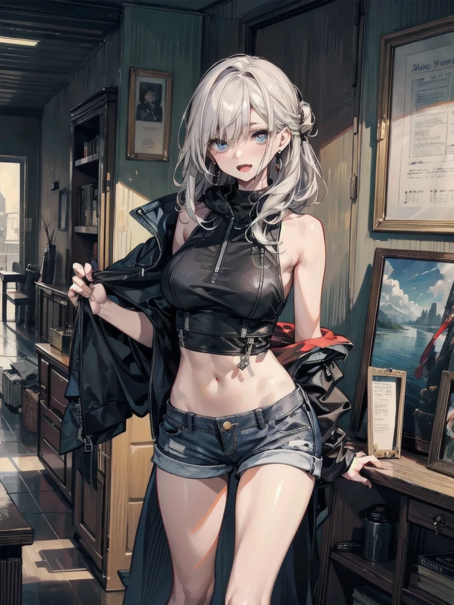 (masterpiece, best quality:1.2), cowboy shot, solo, 1girl, realistic white hair, short wavy hair, purple eyes, average breasts, slender body, light smile, looking at viewer, hands in pockets, dark business suit, deep cleavage, midriff, navel, (braless), black pants, choker, office, night light, night time