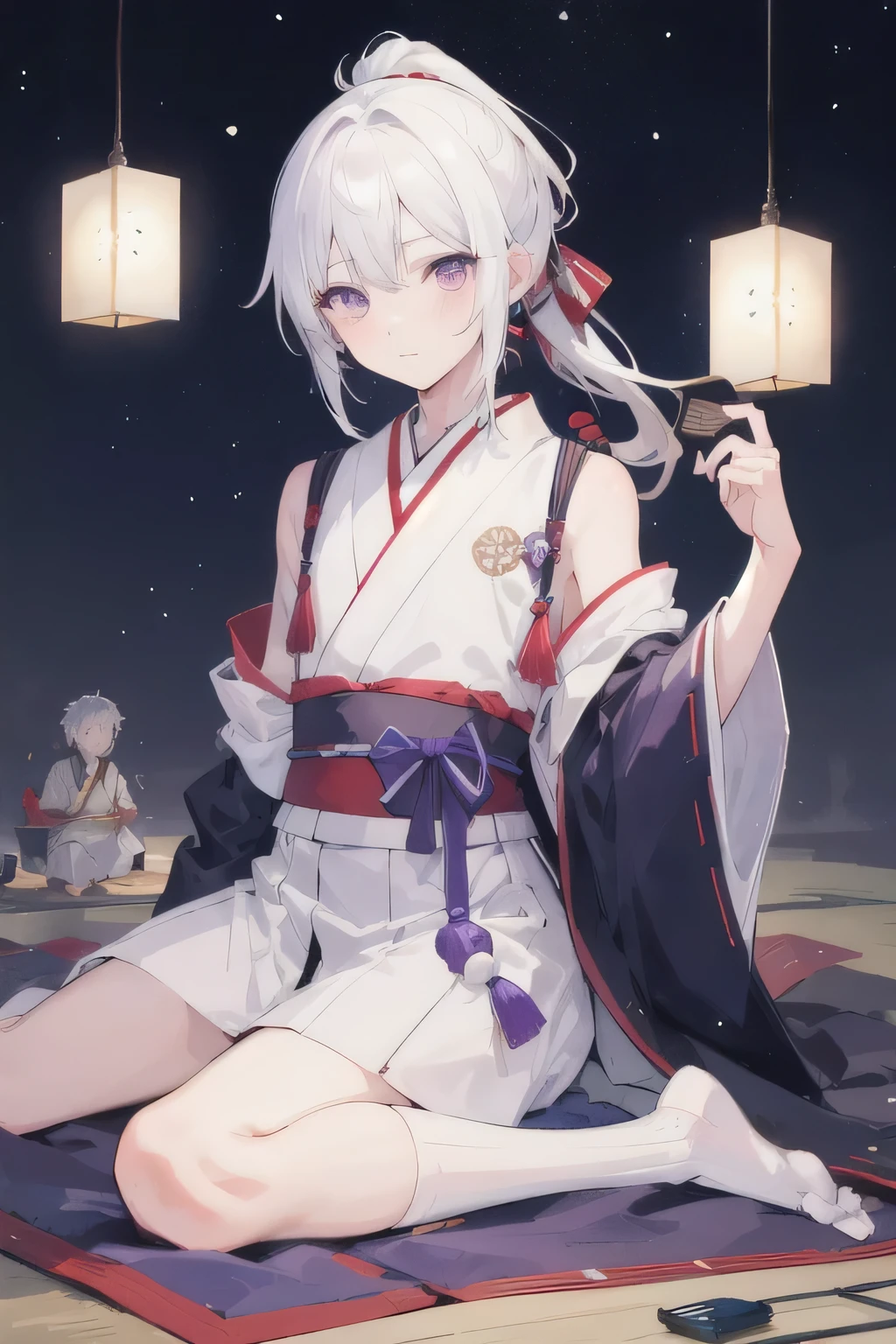 A samurai sitting in a period house with the night with stars and the moon in the background