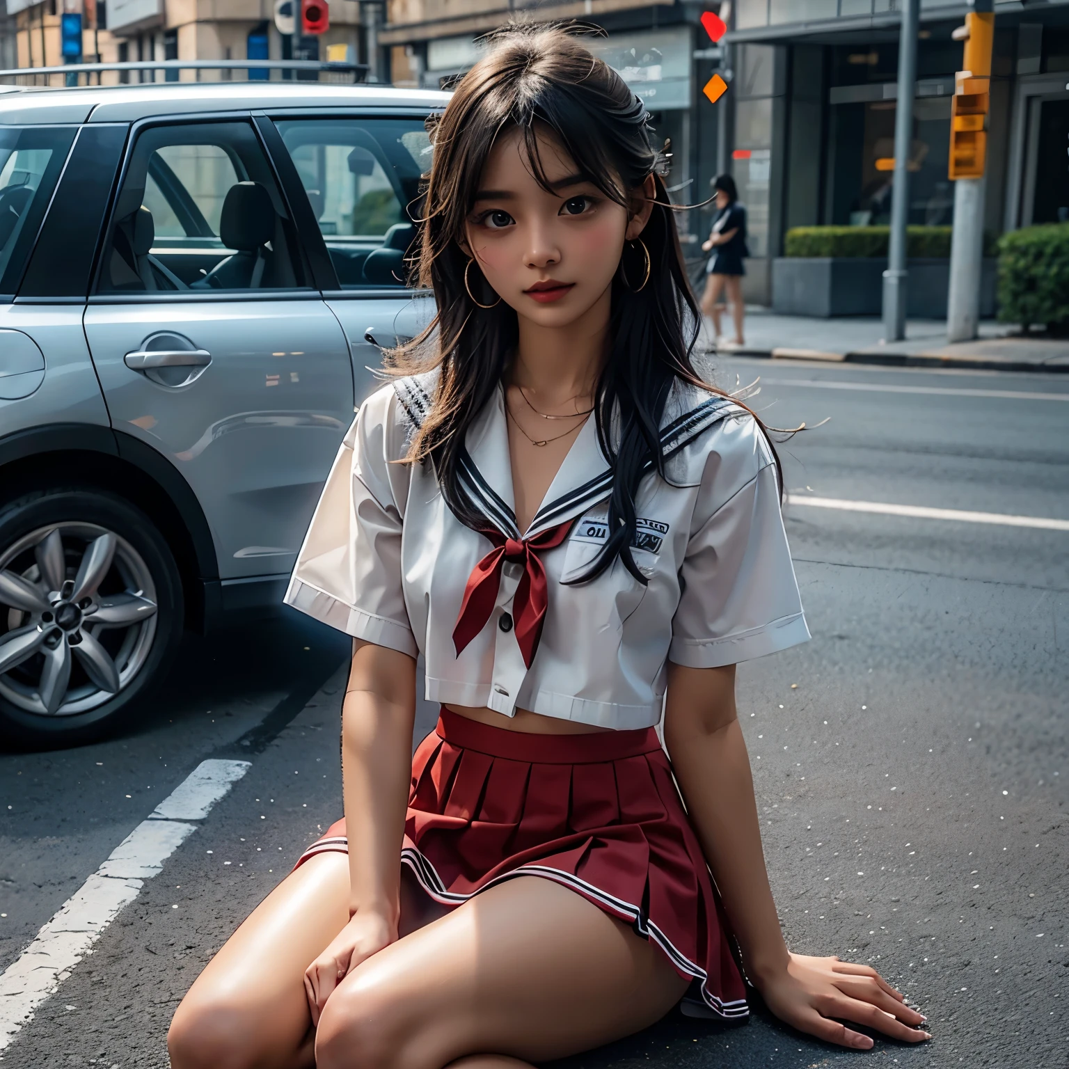  1 girl, high definition ,  High Quality ,  Masterpiece  , white sailor suit, red ribbon,  braided ,Super beautiful girl,dark skin, enchanting face 、 Highly Detailed Faces、 perfect face、golden balance,Professional photography,In the city, mini pleated skirt to hide crotch, is sitting on the ground
