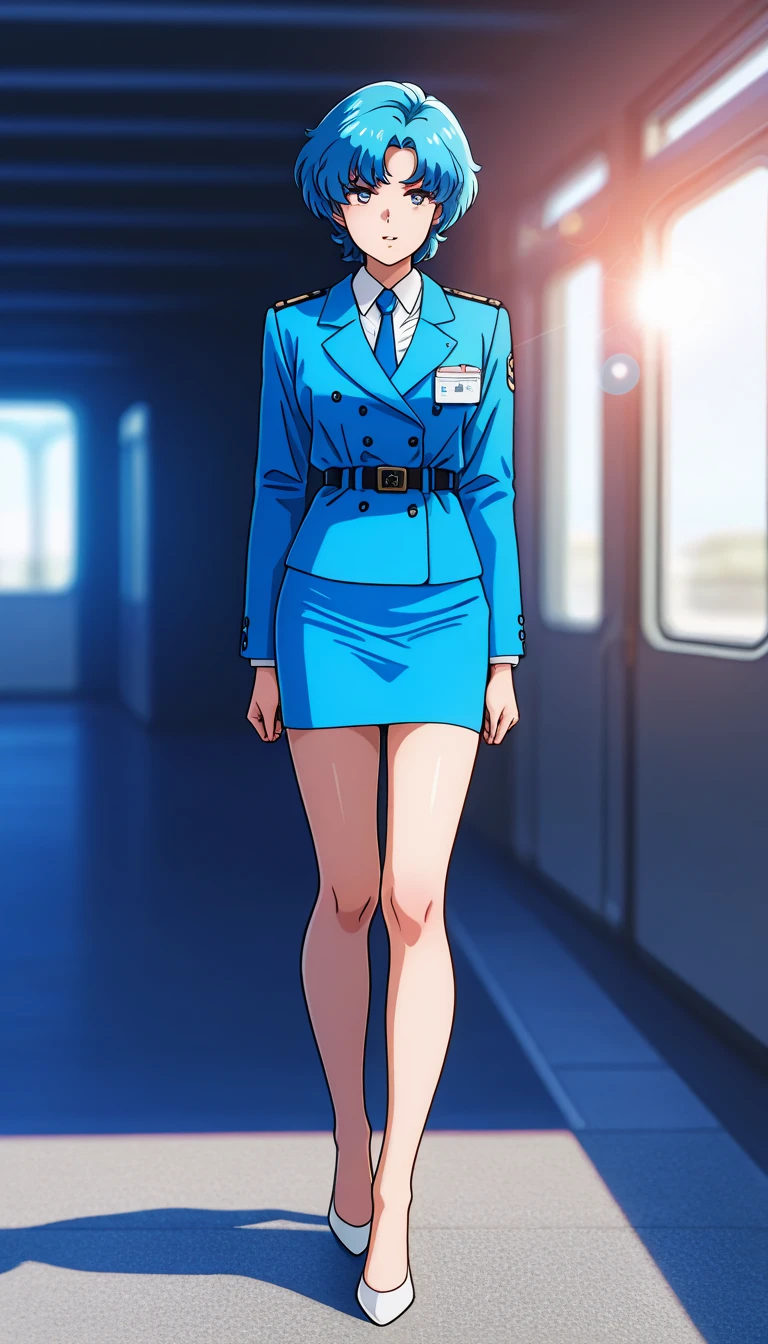 Shiraishi Momoko 、Blue Hair、 short haired 、黄colorの瞳、 full body style that reflects your whole body、Normal milk、 narrow waist 、Bare legs、 in a suit、 blue jacket , collared shirt 、 white shirt、 blue tie,belt, blue mini pencil skirt, black tights、White pumps、 official art, Extremely Detailed CG Unity 8K Wallpaper , Full Photo, colorful , bright _ Front_face_光ing,  shiny skin, ( masterpiece:1.0),(Highest_quality:1.0), 超 high definition ,4K, super detailed,  photoshoot, 8k,  high definition ,  high definition ,  absurd :1.2,  Kodak Portra 400,  Film Grain ,  blurry background, Bokeh:1.2,  lens flare,( vibrant_ color:1.2),Professional photography,Anime Images、