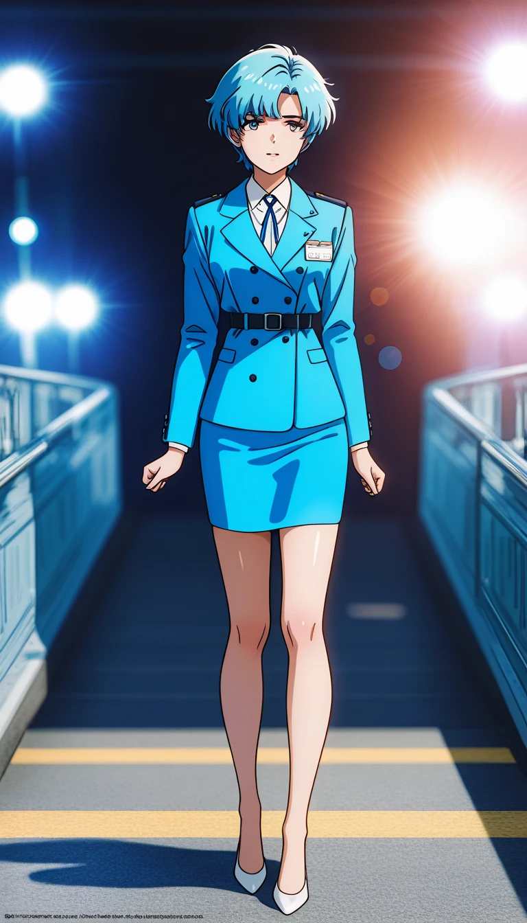 Shiraishi Momoko 、Blue Hair、 short haired 、黄colorの瞳、 full body style that reflects your whole body、Normal milk、 narrow waist 、Bare legs、 in a suit、 blue jacket , collared shirt 、 white shirt、 blue tie,belt, blue mini pencil skirt, black tights、White pumps、 official art, Extremely Detailed CG Unity 8K Wallpaper , Full Photo, colorful , bright _ Front_face_光ing,  shiny skin, ( masterpiece:1.0),(Highest_quality:1.0), 超 high definition ,4K, super detailed,  photoshoot, 8k,  high definition ,  high definition ,  absurd :1.2,  Kodak Portra 400,  Film Grain ,  blurry background, Bokeh:1.2,  lens flare,( vibrant_ color:1.2),Professional photography,Anime Images、