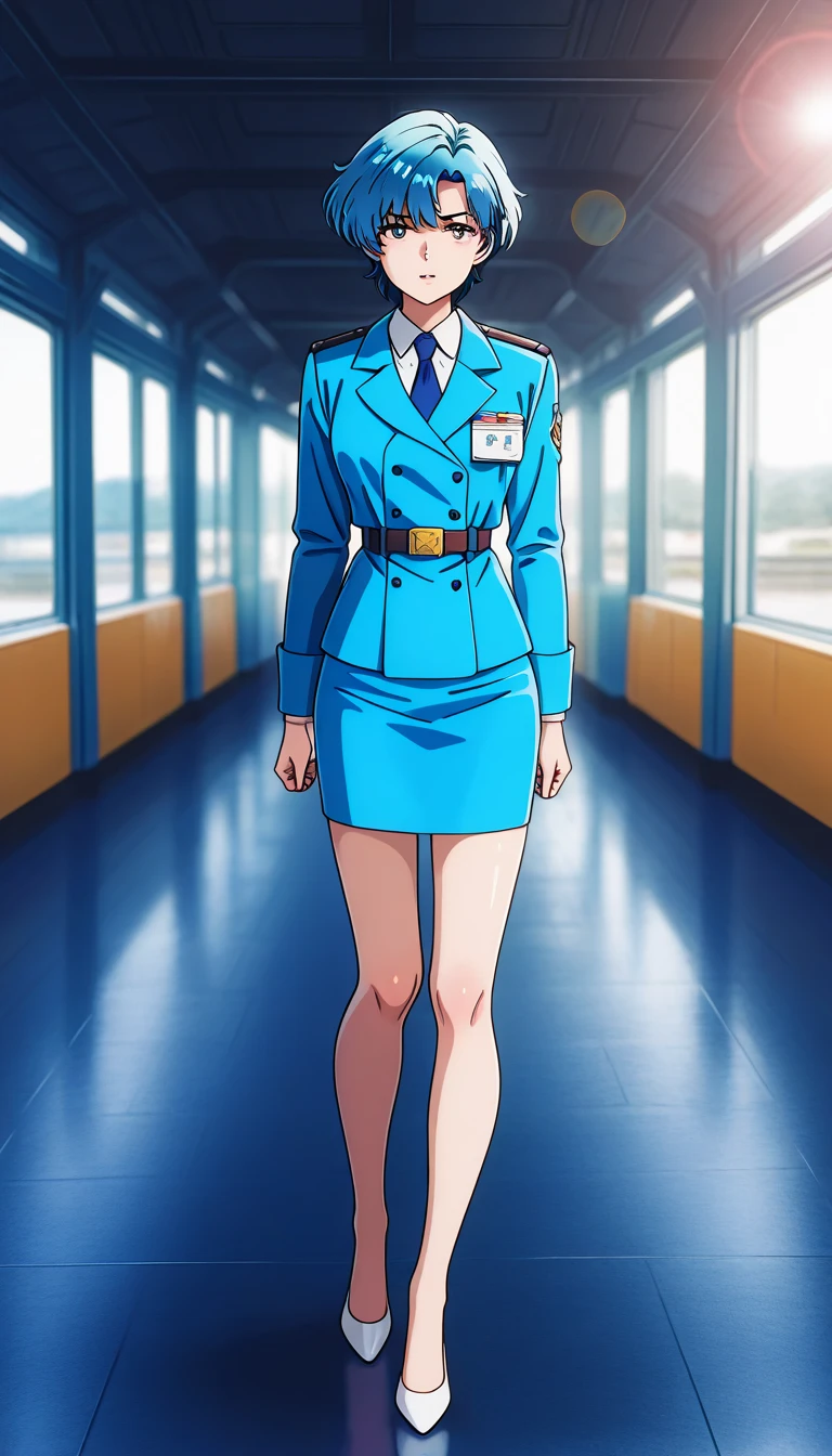 Shiraishi Momoko 、Blue Hair、 short haired 、黄colorの瞳、 full body style that reflects your whole body、Normal milk、 narrow waist 、Bare legs、 in a suit、 blue jacket , collared shirt 、 white shirt、 blue tie,belt, blue mini pencil skirt, black tights、White pumps、 official art, Extremely Detailed CG Unity 8K Wallpaper , Full Photo, colorful , bright _ Front_face_光ing,  shiny skin, ( masterpiece:1.0),(Highest_quality:1.0), 超 high definition ,4K, super detailed,  photoshoot, 8k,  high definition ,  high definition ,  absurd :1.2,  Kodak Portra 400,  Film Grain ,  blurry background, Bokeh:1.2,  lens flare,( vibrant_ color:1.2),Professional photography,Anime Images、