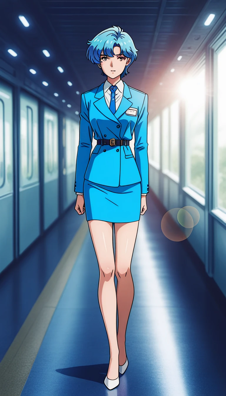 Shiraishi Momoko 、Blue Hair、 short haired 、黄colorの瞳、 full body style that reflects your whole body、Normal milk、 narrow waist 、Bare legs、 in a suit、 blue jacket , collared shirt 、 white shirt、 blue tie,belt, blue mini pencil skirt, black tights、White pumps、 official art, Extremely Detailed CG Unity 8K Wallpaper , Full Photo, colorful , bright _ Front_face_光ing,  shiny skin, ( masterpiece:1.0),(Highest_quality:1.0), 超 high definition ,4K, super detailed,  photoshoot, 8k,  high definition ,  high definition ,  absurd :1.2,  Kodak Portra 400,  Film Grain ,  blurry background, Bokeh:1.2,  lens flare,( vibrant_ color:1.2),Professional photography,Anime Images、