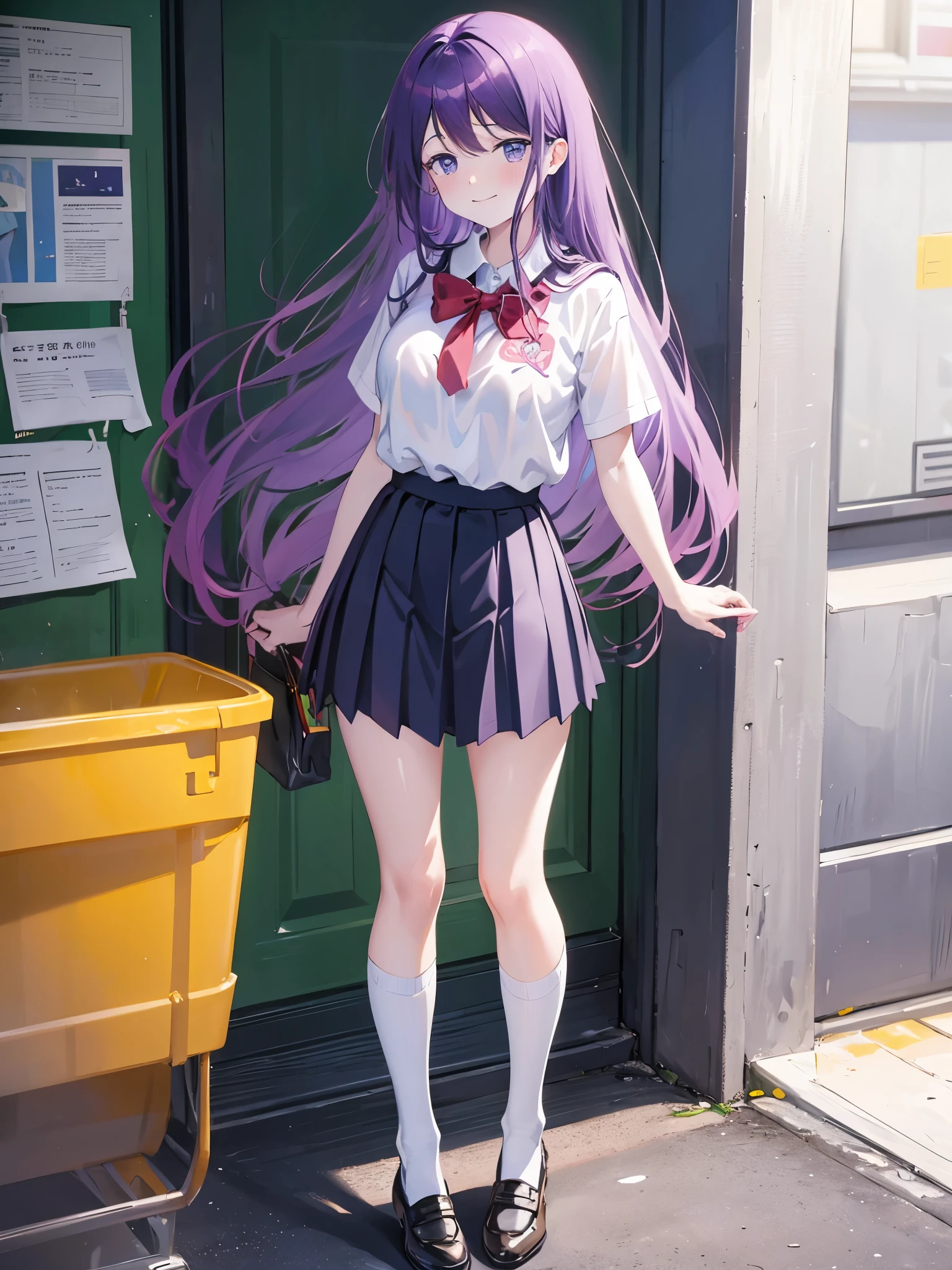 ８k、 random pose ，Light purple hair、 semi-long hair 、Smirk、 pale purple eyes 、、school uniform, plain white collared-shirt, breast cleavage, (slightly exposed bra:0.8), (leopard print bra slip:0.8), short sleeves, navy pleated skirt, mini skirt, A-line, loose socks, shoes,、Glamorous expression、Randomly colored bras are see-through、、 blushes 、 angle from above、school uniform, plain white collared-shirt, breast cleavage, (slightly exposed bra:0.8), (leopard print bra slip:0.8), short sleeves, navy pleated skirt, mini skirt, A-line, loose socks, shoes,Randomly colored bras are see-through、Sexy Feet、A hand of detail