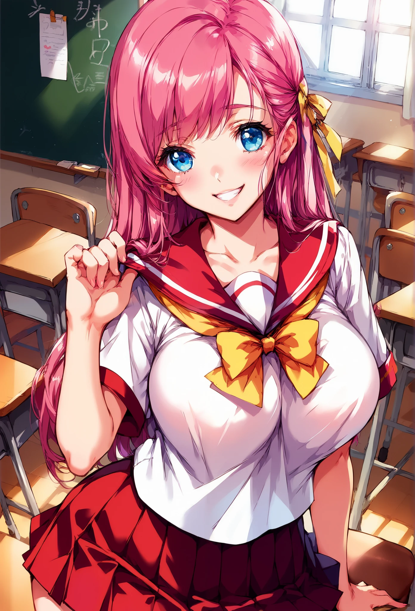 score_9, score_8_up, score_7_up, 1girl, pink hair, long hair, blue eyes, sailor style, school uniform, pleated mini skirt, black thighhighs, classroom, looking at viewer, smile, happy, shy, solo, looking at viewer, erotic body, attractive body, voluptuous body, curvy body