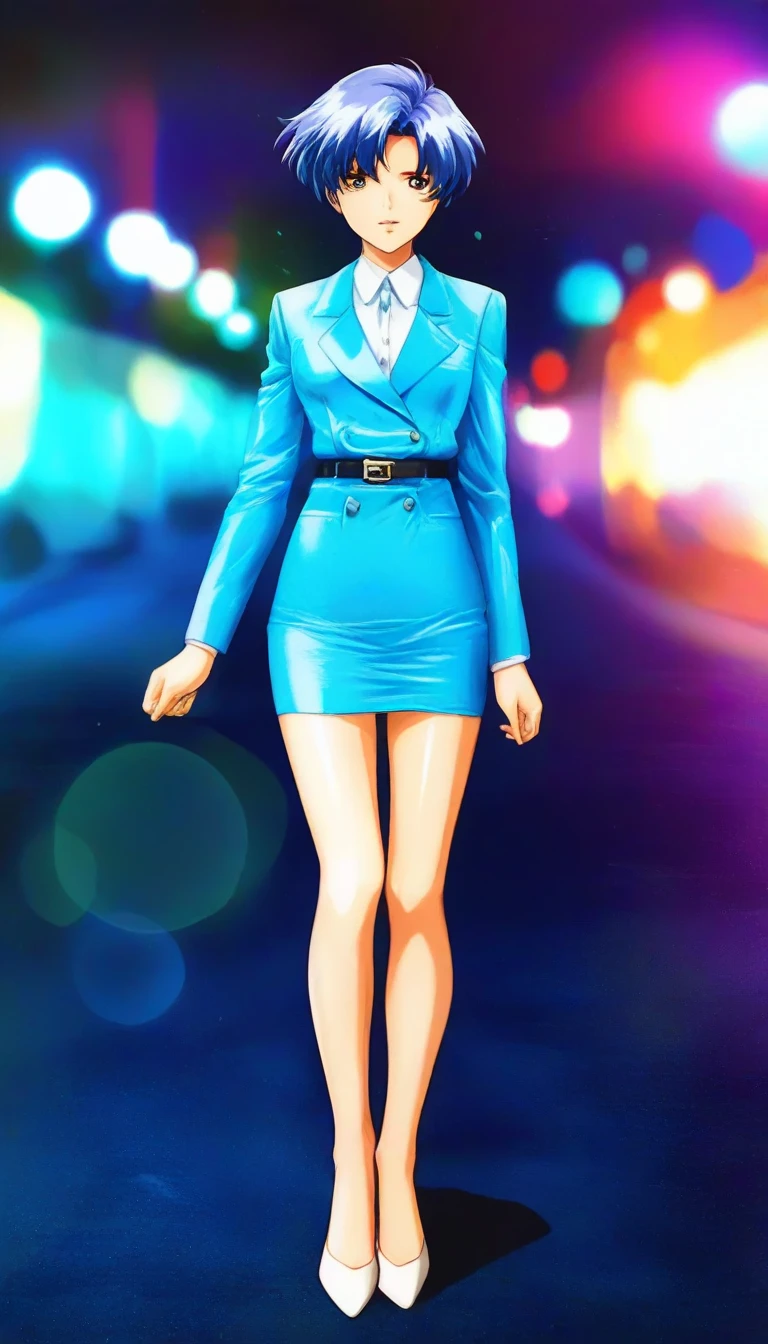 Shiraishi Momoko 、Blue Hair、 short haired 、黄colorの瞳、 full body style that reflects your whole body、Normal milk、 narrow waist 、Bare legs、 in a suit、 blue jacket , collared shirt 、 white shirt、 blue tie,belt, blue mini pencil skirt, black tights、White pumps、 official art, Extremely Detailed CG Unity 8K Wallpaper , Full Photo, colorful , bright _ Front_face_光ing,  shiny skin, ( masterpiece:1.0),(Highest_quality:1.0), 超 high definition ,4K, super detailed,  photoshoot, 8k,  high definition ,  high definition ,  absurd :1.2,  Kodak Portra 400,  Film Grain ,  blurry background, Bokeh:1.2,  lens flare,( vibrant_ color:1.2),Professional photography,Anime Images、