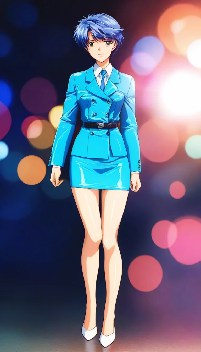 Shiraishi Momoko 、Blue Hair、 short haired 、黄colorの瞳、 full body style that reflects your whole body、Normal milk、 narrow waist 、Bare legs、 in a suit、 blue jacket , collared shirt 、 white shirt、 blue tie,belt, blue mini pencil skirt, black tights、White pumps、 official art, Extremely Detailed CG Unity 8K Wallpaper , Full Photo, colorful , bright _ Front_face_光ing,  shiny skin, ( masterpiece:1.0),(Highest_quality:1.0), 超 high definition ,4K, super detailed,  photoshoot, 8k,  high definition ,  high definition ,  absurd :1.2,  Kodak Portra 400,  Film Grain ,  blurry background, Bokeh:1.2,  lens flare,( vibrant_ color:1.2),Professional photography,Anime Images、