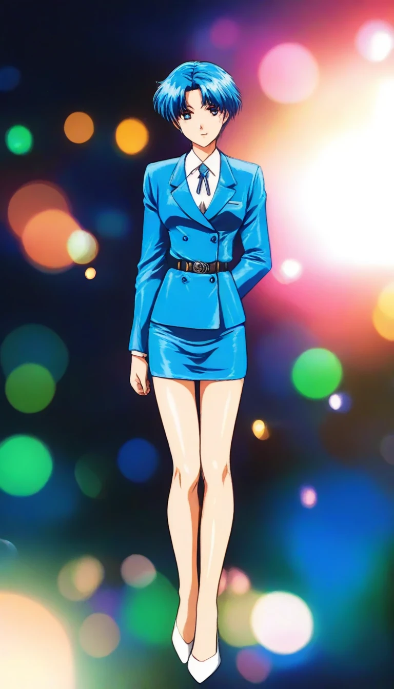 Shiraishi Momoko 、Blue Hair、 short haired 、黄colorの瞳、 full body style that reflects your whole body、Normal milk、 narrow waist 、Bare legs、 in a suit、 blue jacket , collared shirt 、 white shirt、 blue tie,belt, blue mini pencil skirt, black tights、White pumps、 official art, Extremely Detailed CG Unity 8K Wallpaper , Full Photo, colorful , bright _ Front_face_光ing,  shiny skin, ( masterpiece:1.0),(Highest_quality:1.0), 超 high definition ,4K, super detailed,  photoshoot, 8k,  high definition ,  high definition ,  absurd :1.2,  Kodak Portra 400,  Film Grain ,  blurry background, Bokeh:1.2,  lens flare,( vibrant_ color:1.2),Professional photography,Anime Images、