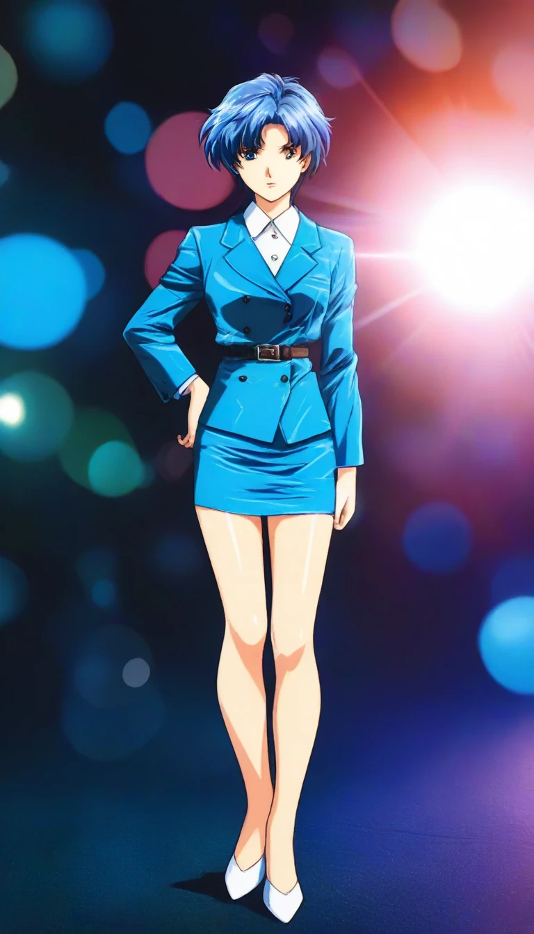 Shiraishi Momoko 、Blue Hair、 short haired 、黄colorの瞳、 full body style that reflects your whole body、Normal milk、 narrow waist 、Bare legs、 in a suit、 blue jacket , collared shirt 、 white shirt、 blue tie,belt, blue mini pencil skirt, black tights、White pumps、 official art, Extremely Detailed CG Unity 8K Wallpaper , Full Photo, colorful , bright _ Front_face_光ing,  shiny skin, ( masterpiece:1.0),(Highest_quality:1.0), 超 high definition ,4K, super detailed,  photoshoot, 8k,  high definition ,  high definition ,  absurd :1.2,  Kodak Portra 400,  Film Grain ,  blurry background, Bokeh:1.2,  lens flare,( vibrant_ color:1.2),Professional photography,Anime Images、