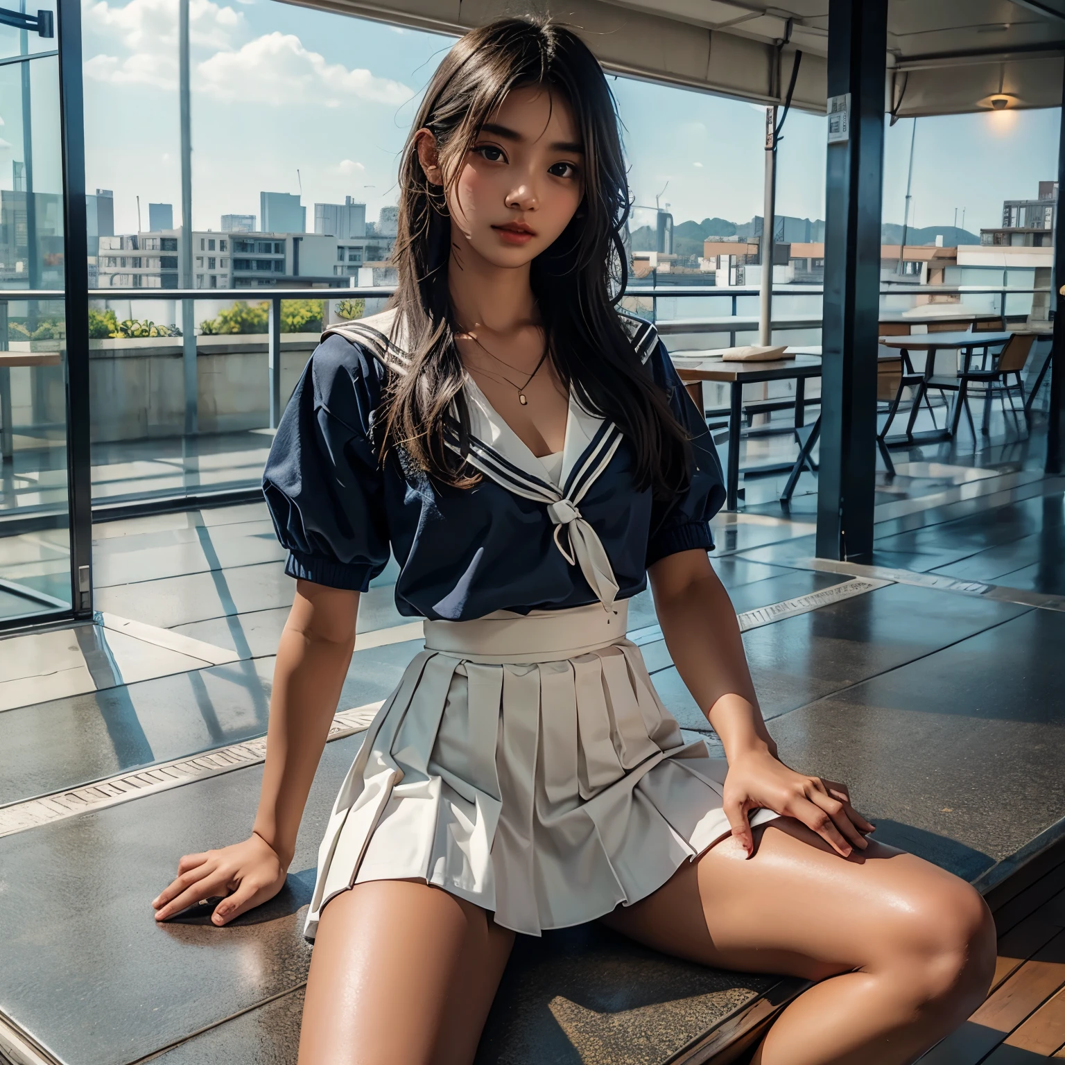  1 girl, high definition ,  High Quality ,  Masterpiece  , white sailor suit, red ribbon,  braided ,Super beautiful girl,dark skin, enchanting face 、 Highly Detailed Faces、 perfect face、golden balance,Professional photography,In the city, mini pleated skirt to hide crotch, is sitting on the ground
