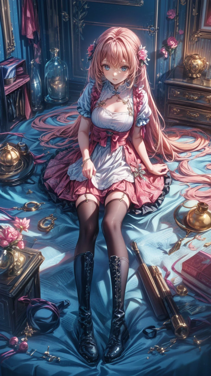 (    Masterpiece    : 1.2), (  very detailed: 1.2), (  very detailed CG: 1.2), (  high image quality: 1.2), (最  high image quality), 8k,   animated illustration,   、  beautiful girl、とてもcute天使、  pink gothic dress 、cute、、smile、  Long Skirt、 Black long boots 、