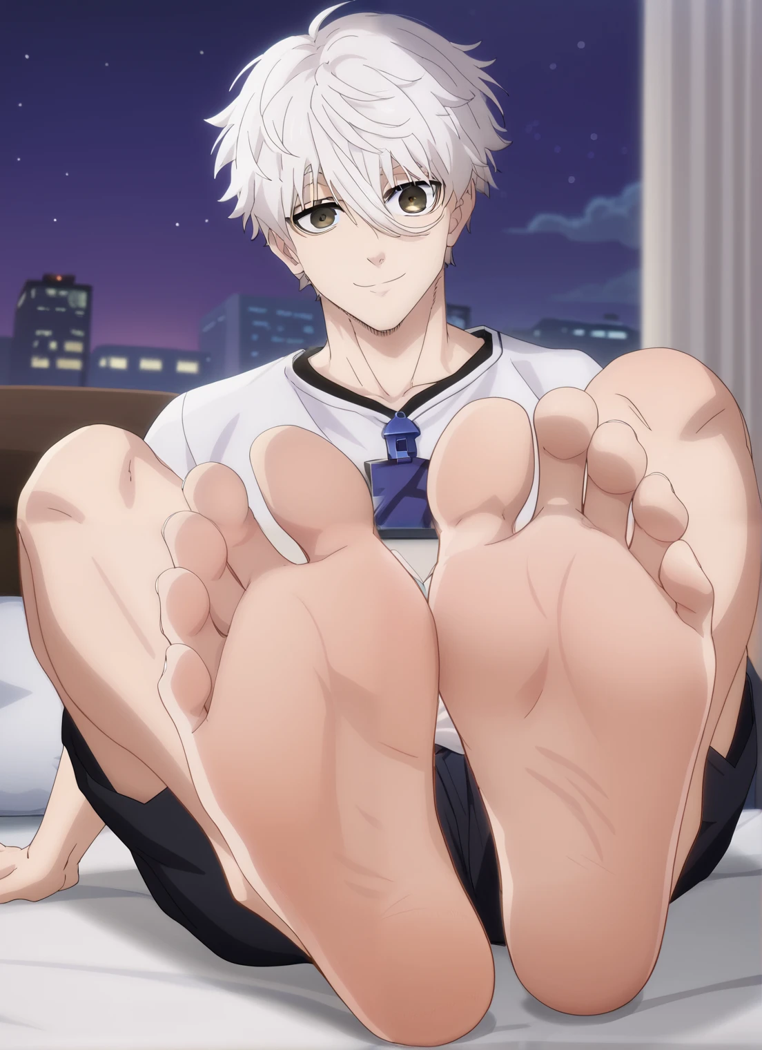 Score_9, score_8_up, source_anime, 1boy, Blue Lock, Nagi, big eyes, alone, looking at viewer, white hair, black shorts, white shirt, in his bedroom, night, lying on the bed, lifting legs to show his soles, cowboy shot, ANIME SCREENCAP, anime coloring, barefoot, perfect feet, anatomically correct, soles, focal length 35mm, each foot has five toes, front, symmetrical soles, foot focus, smile