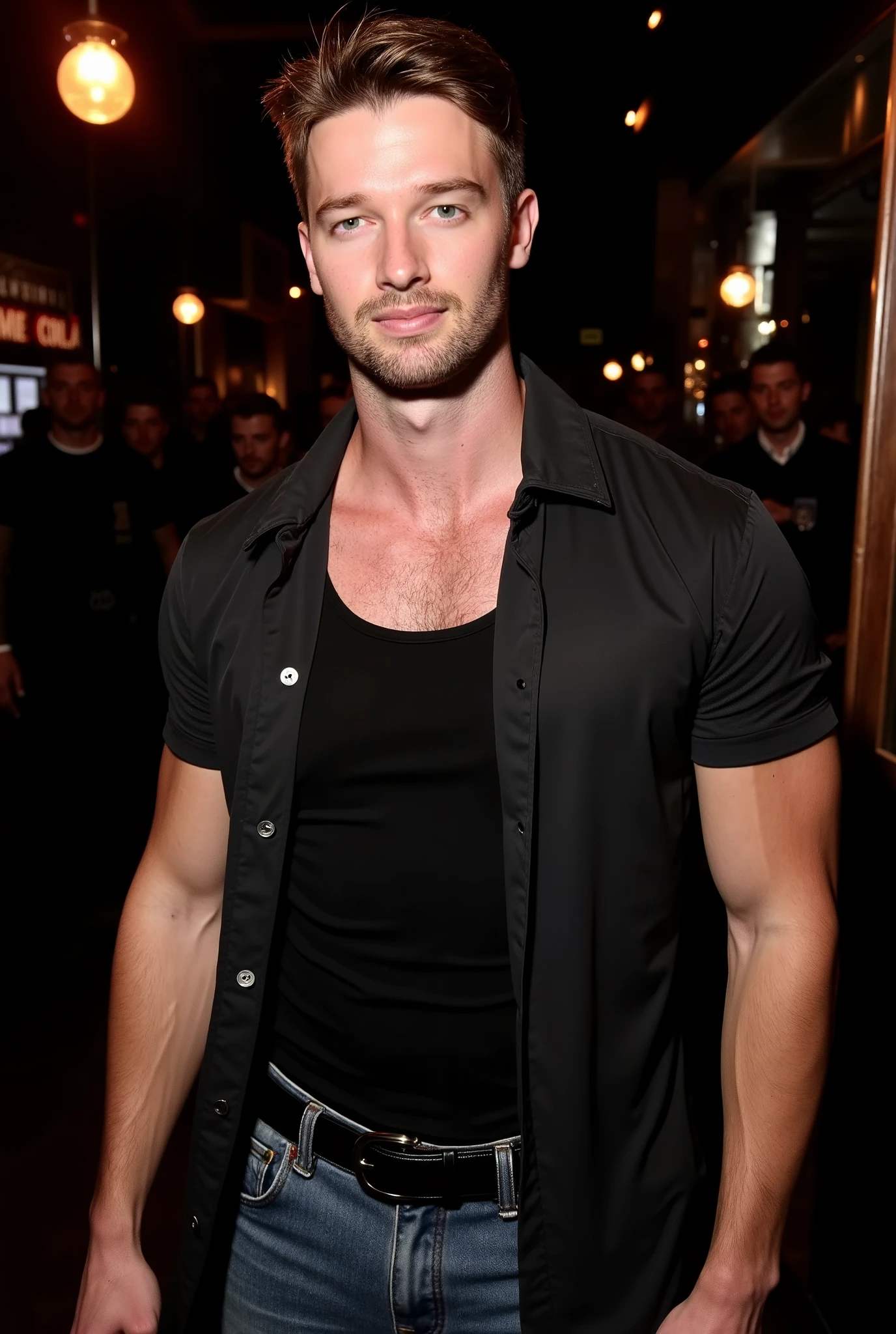 Ryan gosling goes shirtless in front of crowded people on a Street of town. He just wears leather Jacket. He laugh. 