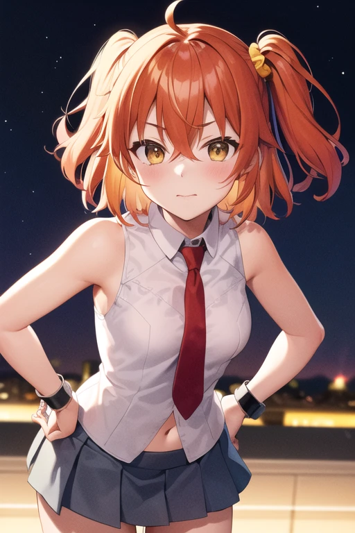 Fujimaru Ritsuka,short hair,orange hair,ahoge,((one side up:1.4)),hair between eyes,bangs,hair yellow scrunchie,yellow eyes,medium breasts,
((bare shoulders, white shirt,sleeveless, necktie,navel, (mini skirt:1.2),(tights:1.1),cuffs))
1girl,(is embarrassing,big blush,closed mouth,steam:1.0),
((leaning forward,hand on hip:1.2)),
(night city background:1.0),clothed