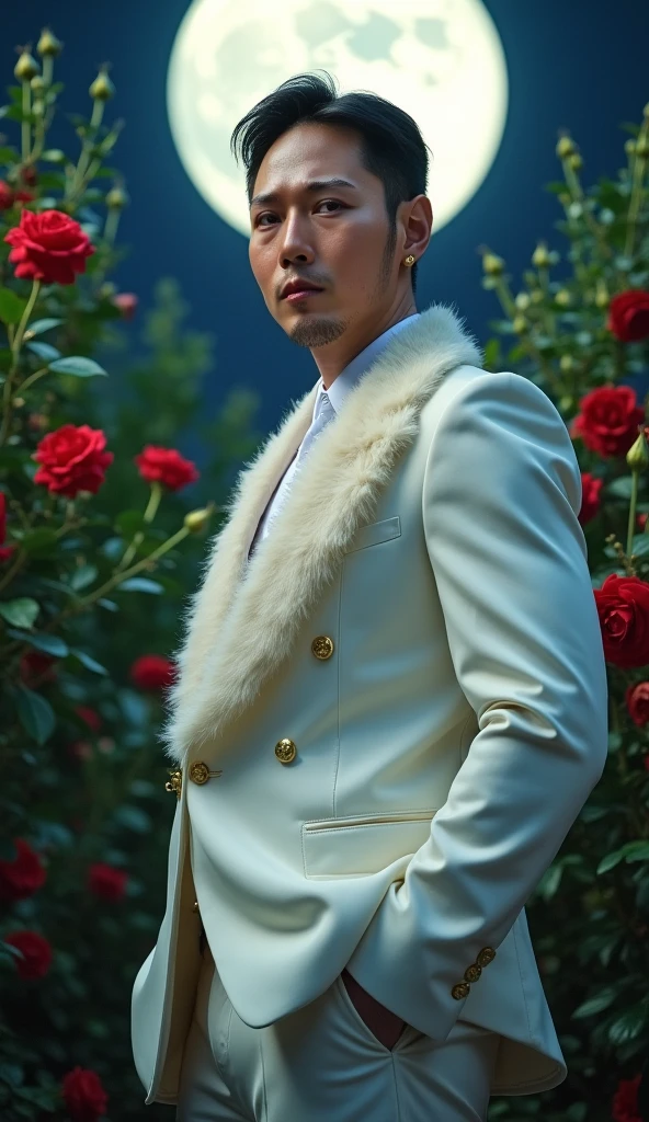 masterpiece, highest quality, (solo focus), (perfect face:1.1), (high detail:1.1), (hyper detailed eyes), dramatic, 1guy, jojo, 38-year-old male, Black hair, ethereal eyes, (light eyebrows), solo, short hair, JTiago Azevedo, moon, night, white luxury suit, pouty lips, fur, proud expression, garden, detailed background, art by artgerm, cinematic lighting, roses, fashion, BalenciagaStyle