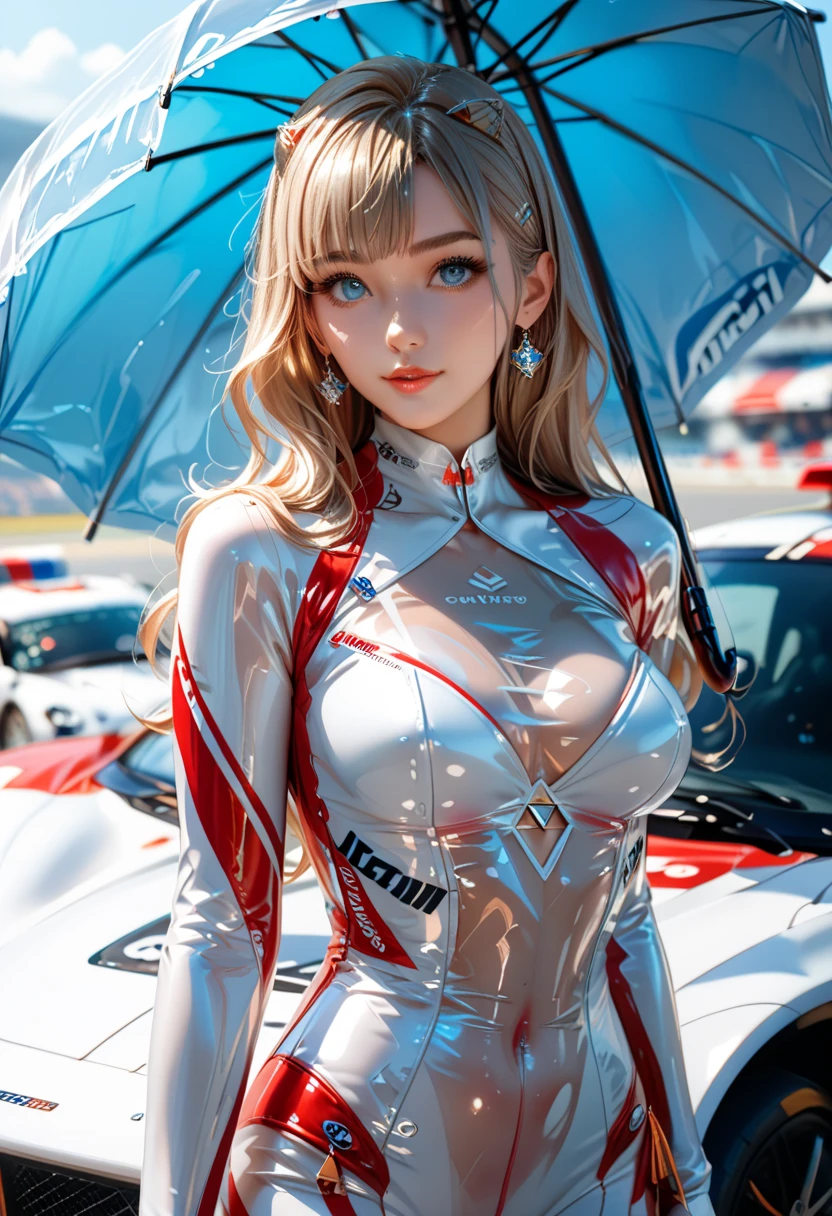 masterpiece,amazing quality,best quality,ultra-detailed,8K,illustration,CG,shiny hair,clear skin,ultra-detailed-eyes,simple background,cute girl, eyelashes race queen, see-through, body suit,umbrella,car
