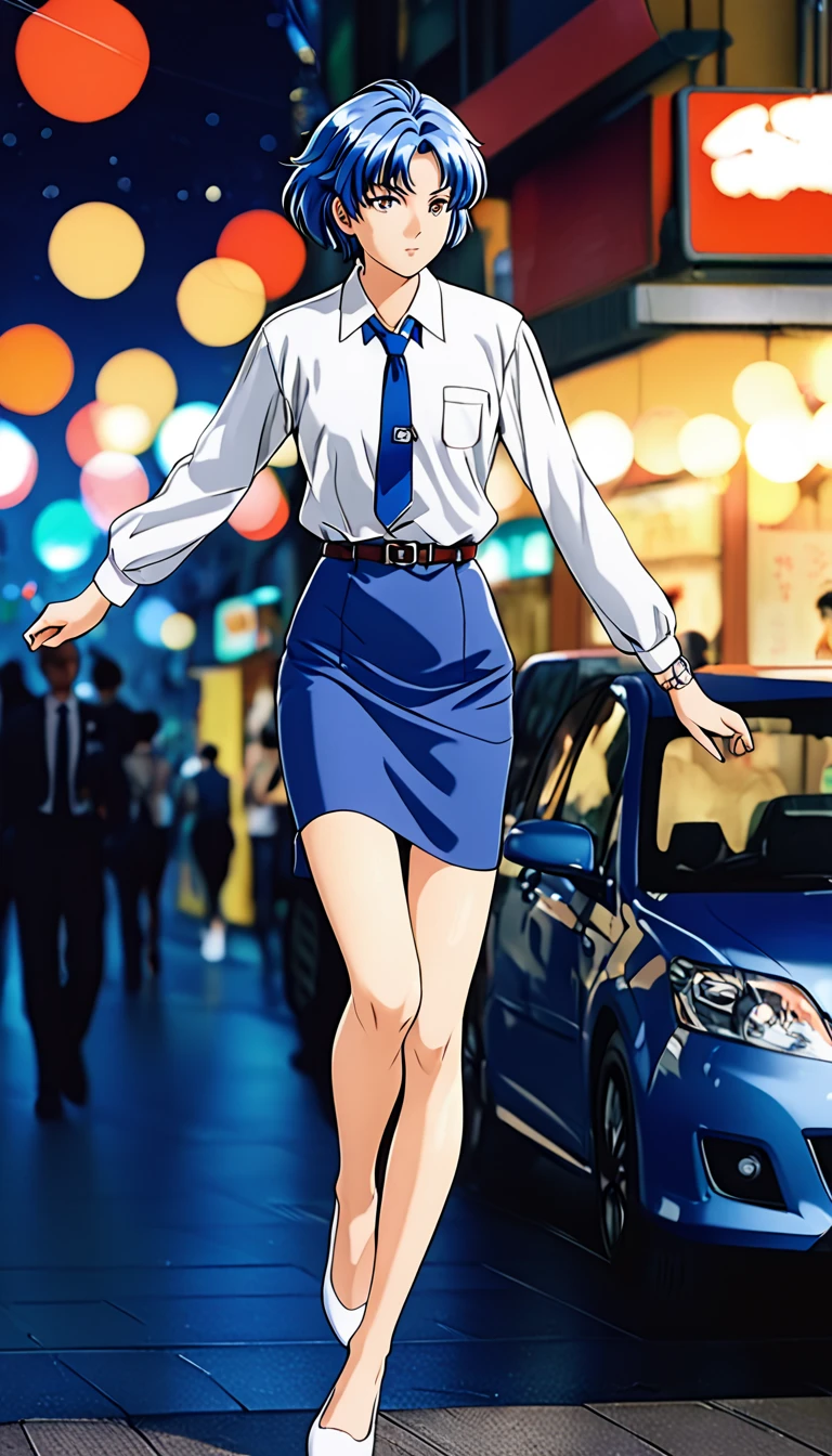 Shiraishi Momoko 、Blue Hair、 short haired 、黄colorの瞳、 full body style that reflects your whole body、Normal milk、 narrow waist 、Bare legs、 in a suit、 blue jacket , collared shirt 、 white shirt、 blue tie,belt, blue mini pencil skirt, black tights、White pumps、 official art, Extremely Detailed CG Unity 8K Wallpaper , Full Photo, colorful , bright _ Front_face_光ing,  shiny skin, ( masterpiece:1.0),(Highest_quality:1.0), 超 high definition ,4K, super detailed,  photoshoot, 8k,  high definition ,  high definition ,  absurd :1.2,  Kodak Portra 400,  Film Grain ,  blurry background, Bokeh:1.2,  lens flare,( vibrant_ color:1.2),Professional photography,Anime Images、