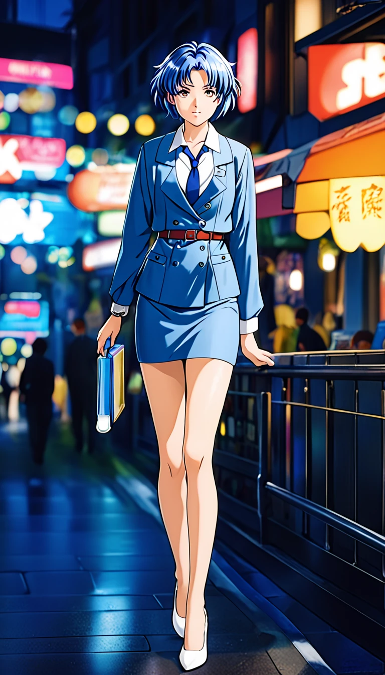 Shiraishi Momoko 、Blue Hair、 short haired 、黄colorの瞳、 full body style that reflects your whole body、Normal milk、 narrow waist 、Bare legs、 in a suit、 blue jacket , collared shirt 、 white shirt、 blue tie,belt, blue mini pencil skirt, black tights、White pumps、 official art, Extremely Detailed CG Unity 8K Wallpaper , Full Photo, colorful , bright _ Front_face_光ing,  shiny skin, ( masterpiece:1.0),(Highest_quality:1.0), 超 high definition ,4K, super detailed,  photoshoot, 8k,  high definition ,  high definition ,  absurd :1.2,  Kodak Portra 400,  Film Grain ,  blurry background, Bokeh:1.2,  lens flare,( vibrant_ color:1.2),Professional photography,Anime Images、