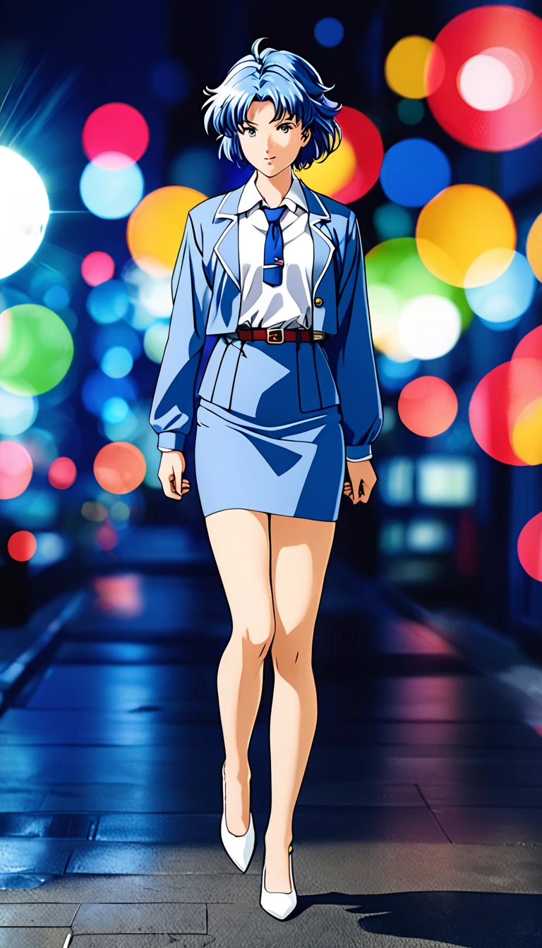 Shiraishi Momoko 、Blue Hair、 short haired 、黄colorの瞳、 full body style that reflects your whole body、Normal milk、 narrow waist 、Bare legs、 in a suit、 blue jacket , collared shirt 、 white shirt、 blue tie,belt, blue mini pencil skirt, black tights、White pumps、 official art, Extremely Detailed CG Unity 8K Wallpaper , Full Photo, colorful , bright _ Front_face_光ing,  shiny skin, ( masterpiece:1.0),(Highest_quality:1.0), 超 high definition ,4K, super detailed,  photoshoot, 8k,  high definition ,  high definition ,  absurd :1.2,  Kodak Portra 400,  Film Grain ,  blurry background, Bokeh:1.2,  lens flare,( vibrant_ color:1.2),Professional photography,Anime Images、