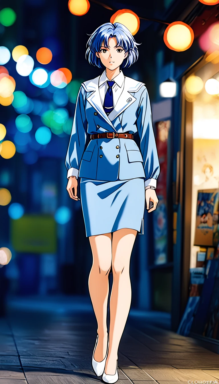 Shiraishi Momoko 、Blue Hair、 short haired 、黄colorの瞳、 full body style that reflects your whole body、Normal milk、 narrow waist 、Bare legs、 in a suit、 blue jacket , collared shirt 、 white shirt、 blue tie,belt, blue mini pencil skirt, black tights、White pumps、 official art, Extremely Detailed CG Unity 8K Wallpaper , Full Photo, colorful , bright _ Front_face_光ing,  shiny skin, ( masterpiece:1.0),(Highest_quality:1.0), 超 high definition ,4K, super detailed,  photoshoot, 8k,  high definition ,  high definition ,  absurd :1.2,  Kodak Portra 400,  Film Grain ,  blurry background, Bokeh:1.2,  lens flare,( vibrant_ color:1.2),Professional photography,Anime Images、