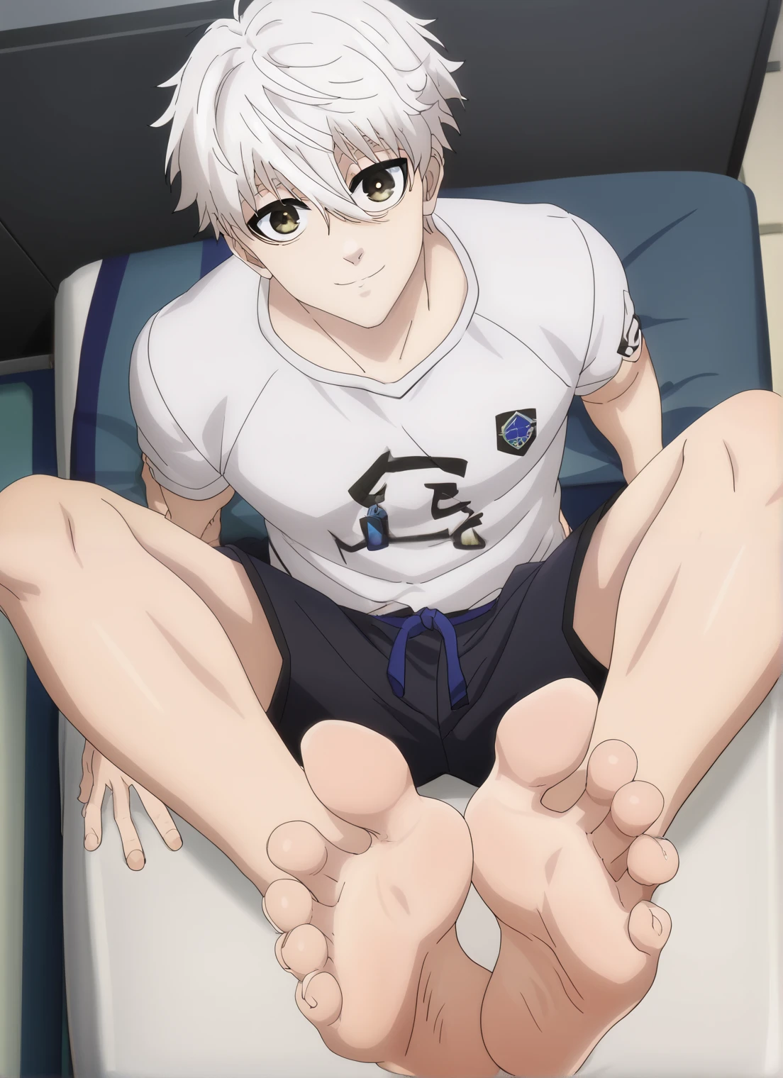 Score_9, score_8_up, source_anime, 1boy, Blue Lock, Nagi, big eyes, alone, looking at viewer, white hair, black shorts, white shirt, in his bedroom, night, from above, lying on the bed with his back against the mattress, lifting legs to show his soles, cowboy shot, ANIME SCREENCAP, anime coloring, barefoot, perfect feet, anatomically correct, soles, focal length 35mm, each foot has five toes, front, symmetrical soles, foot focus, smile